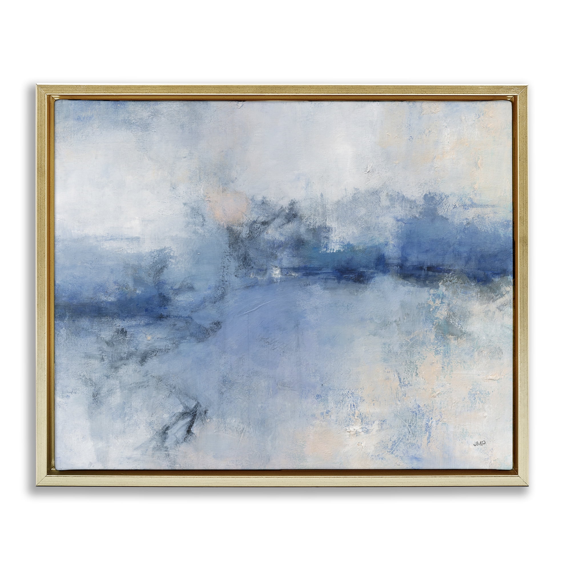 Stupell Industries Blue Seaside Impressions Abstract Painting Gold Floater Framed Canvas Art Print Wall Art, 31 x 25