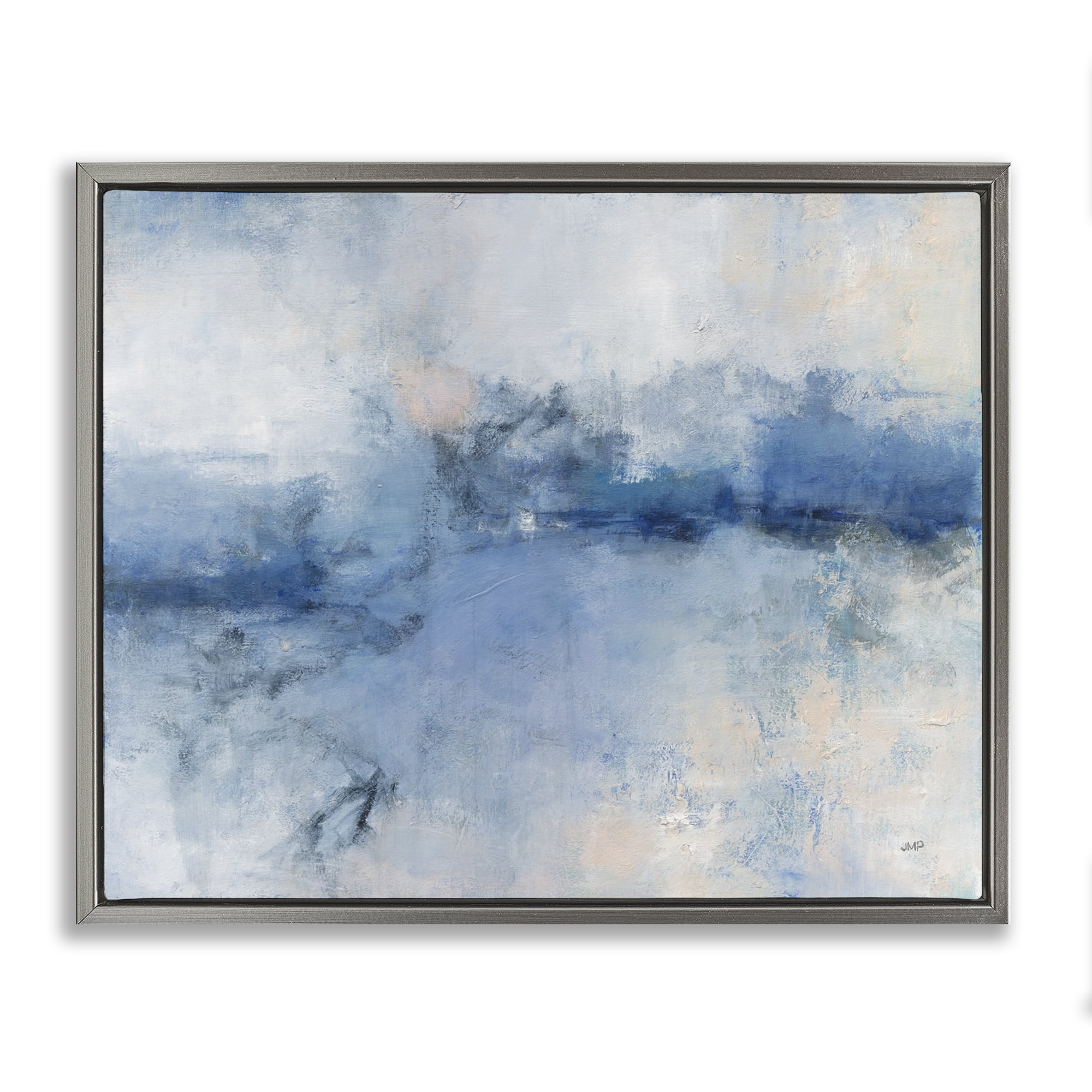 Stupell Industries Blue Seaside Impressions Abstract Painting Gray Floater Framed Canvas Art Print Wall Art, 31 x 25