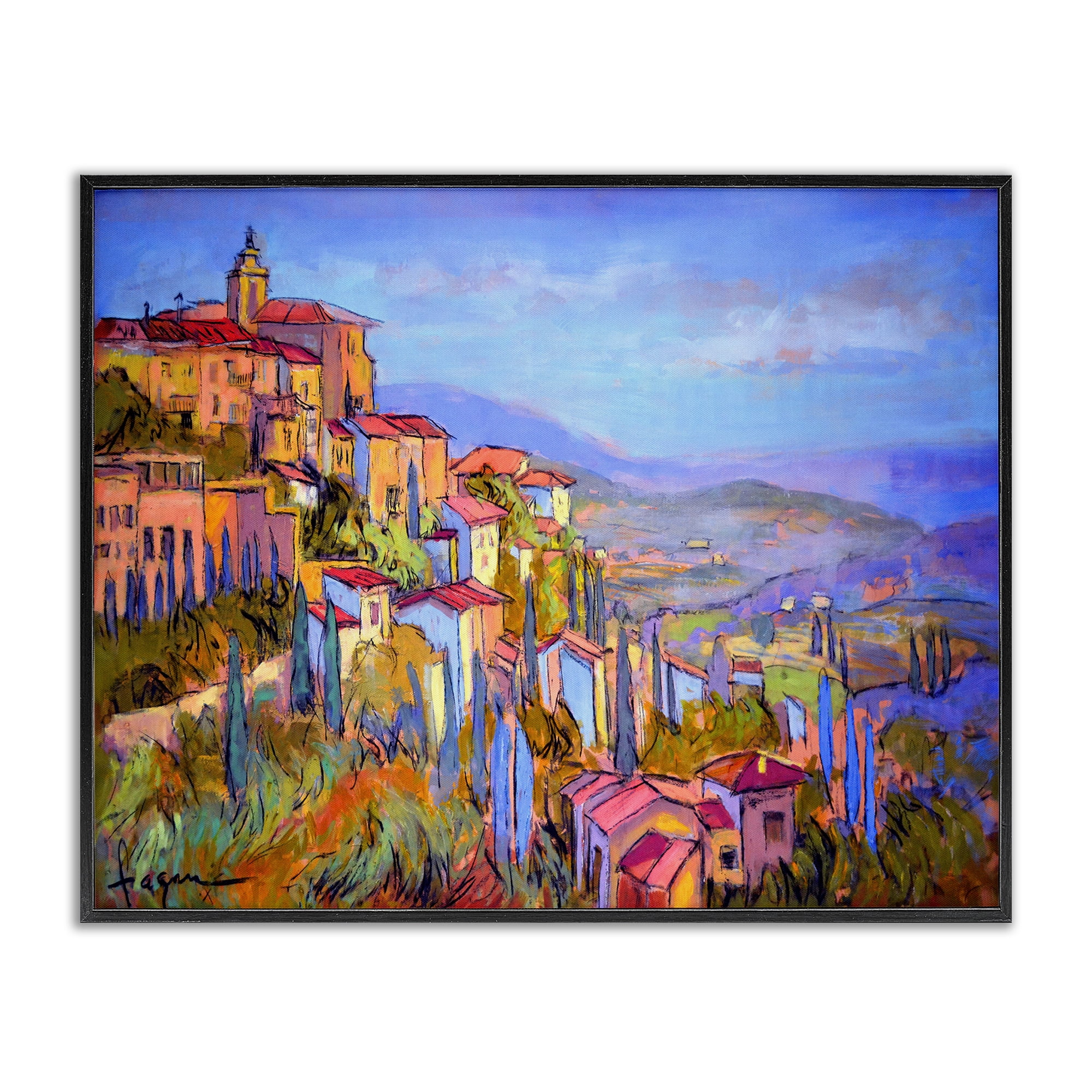 Stupell Industries Blue Shadowed Cityscape Landscape & Nature Painting Black Framed Art Print Wall Art, 30 x 24