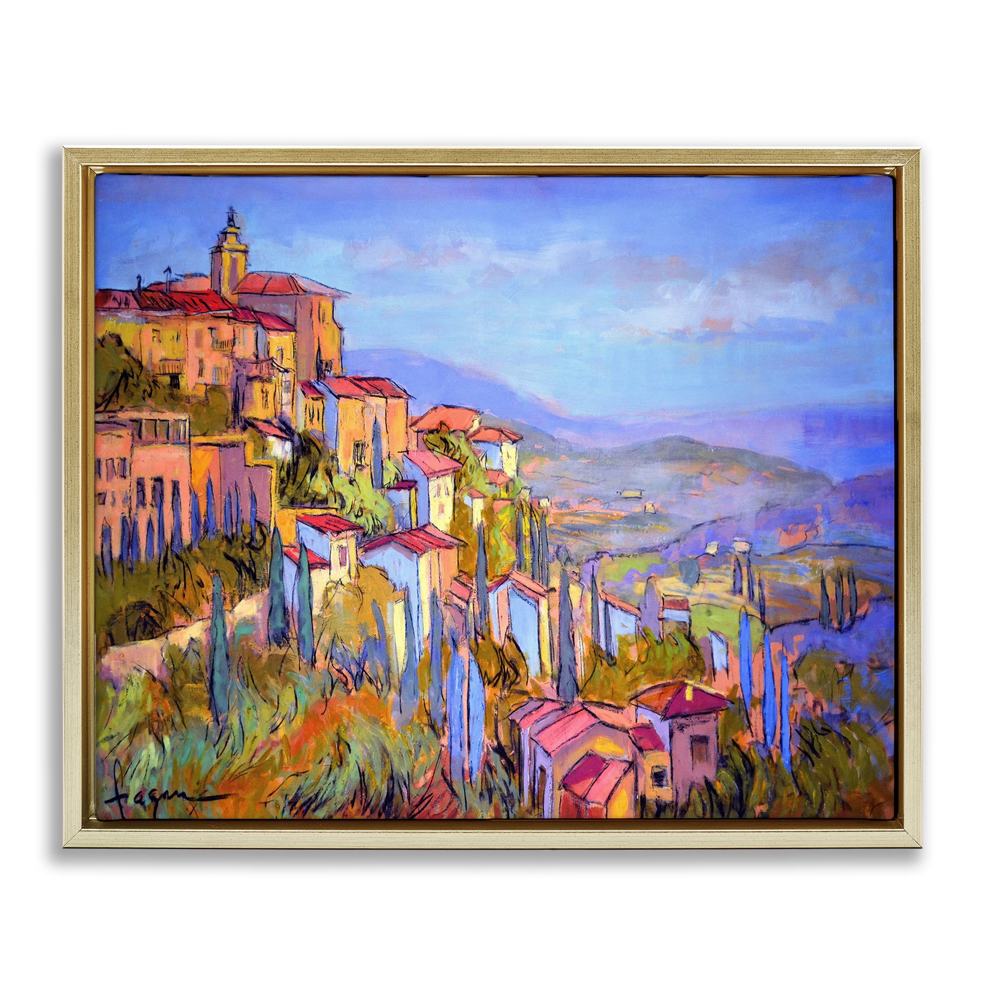 Stupell Industries Blue Shadowed Cityscape Landscape & Nature Painting Gold Floater Framed Canvas Art Print Wall Art, 21 x 17