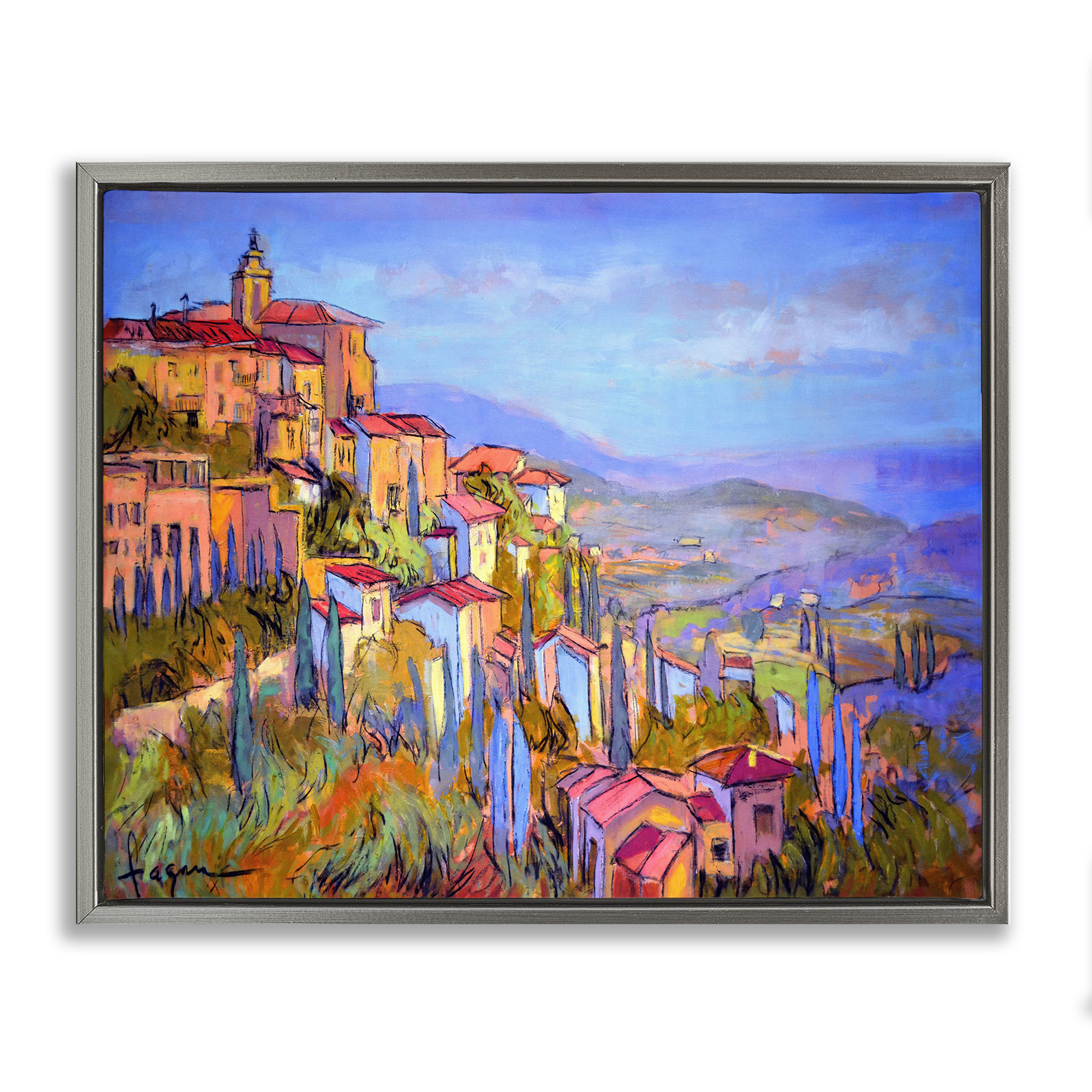 Stupell Industries Blue Shadowed Cityscape Landscape & Nature Painting Gray Floater Framed Canvas Art Print Wall Art, 21 x 17