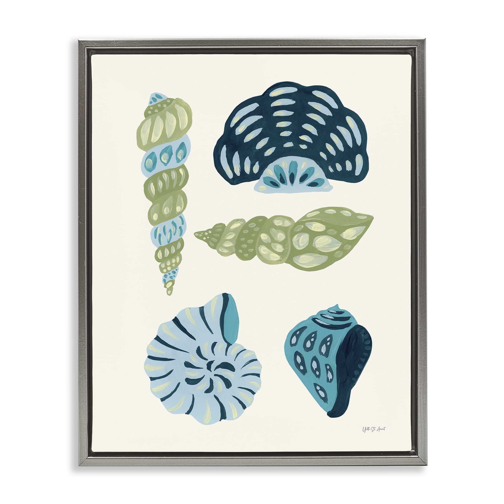 Stupell Industries Blue Shell Collection Nautical & Beach Painting Gray Floater Framed Canvas Art Print Wall Art, 25 x 31