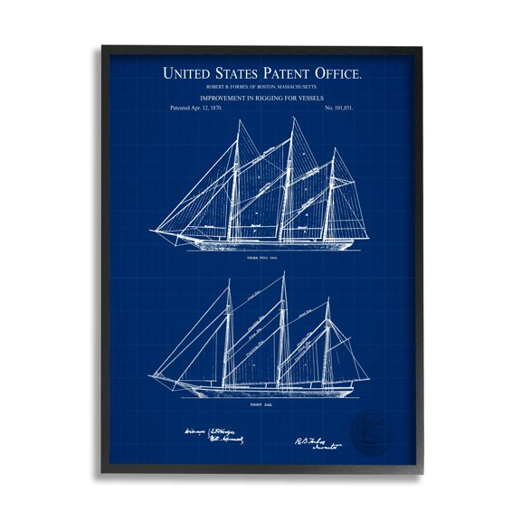 Stupell Industries Blue Ship Boat Diagram Detailed Blueprint Patent Design Framed Wall Art, 11 x 14, Design by Karl Hronek
