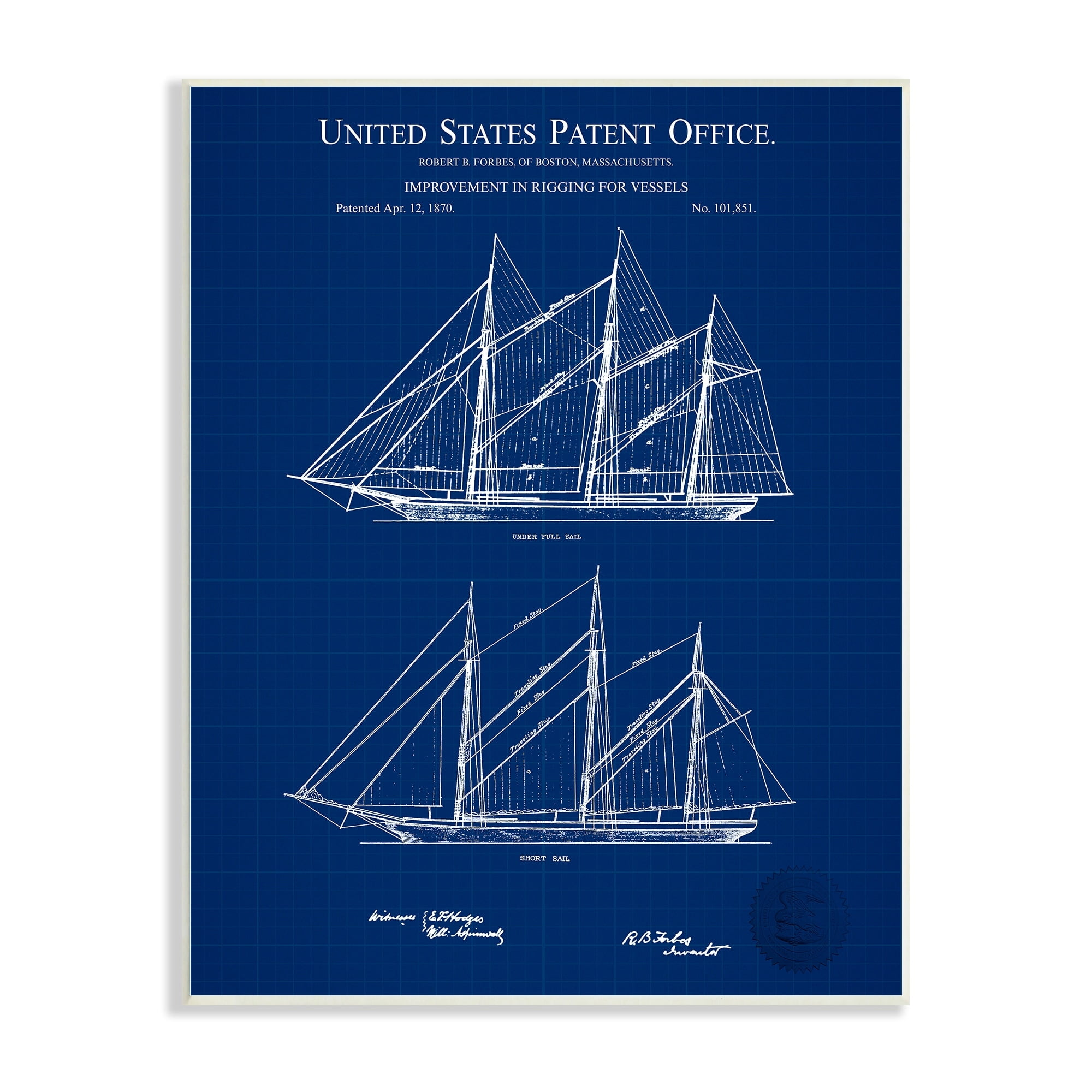 Stupell Industries Blue Ship Boat Diagram Detailed Blueprint Patent Design Wood Wall Art, 13 x 19, Design by Karl Hronek