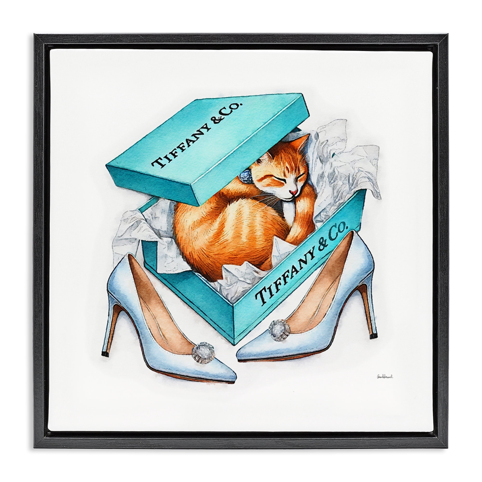 Stupell Industries Blue Shoebox with Cat Animals Painting Black Floater Framed Canvas Art Print Wall Art, 25 x 25