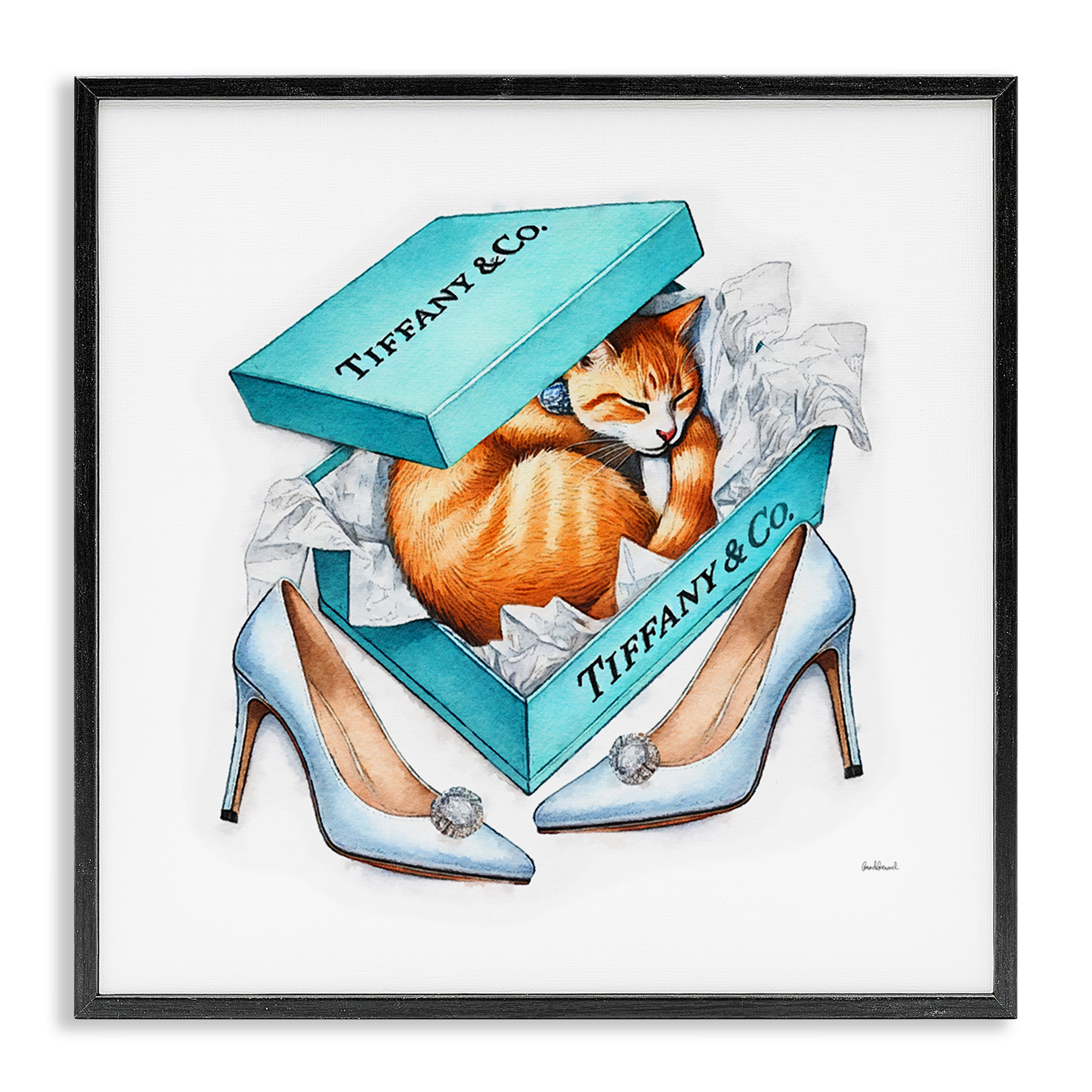 Stupell Industries Blue Shoebox with Cat Animals Painting Black Framed Art Print Wall Art, 12 x 12