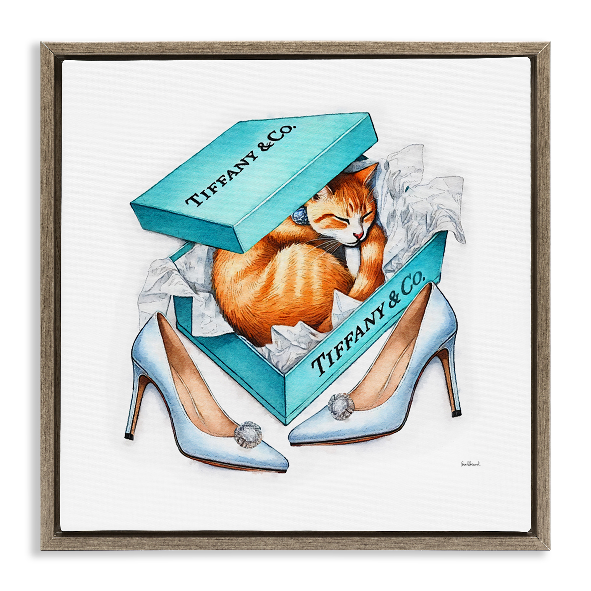 Stupell Industries Blue Shoebox with Cat Animals Painting Brown Floater Framed Canvas Art Print Wall Art, 25 x 25