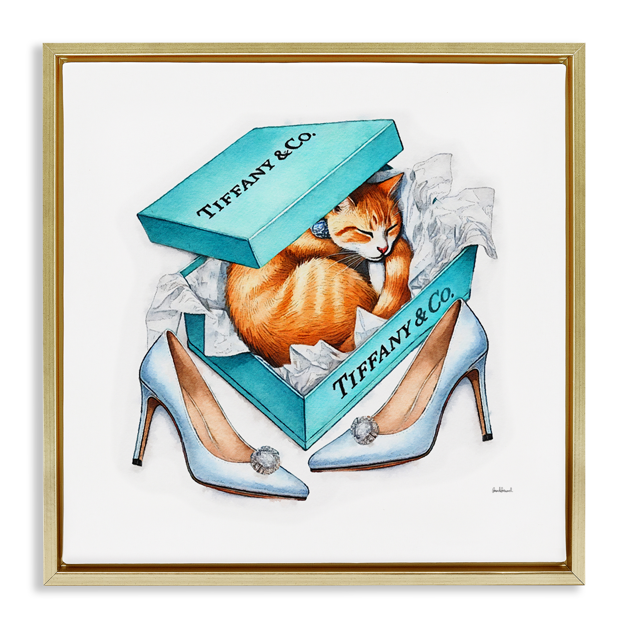 Stupell Industries Blue Shoebox with Cat Animals Painting Gold Floater Framed Canvas Art Print Wall Art, 18 x 18