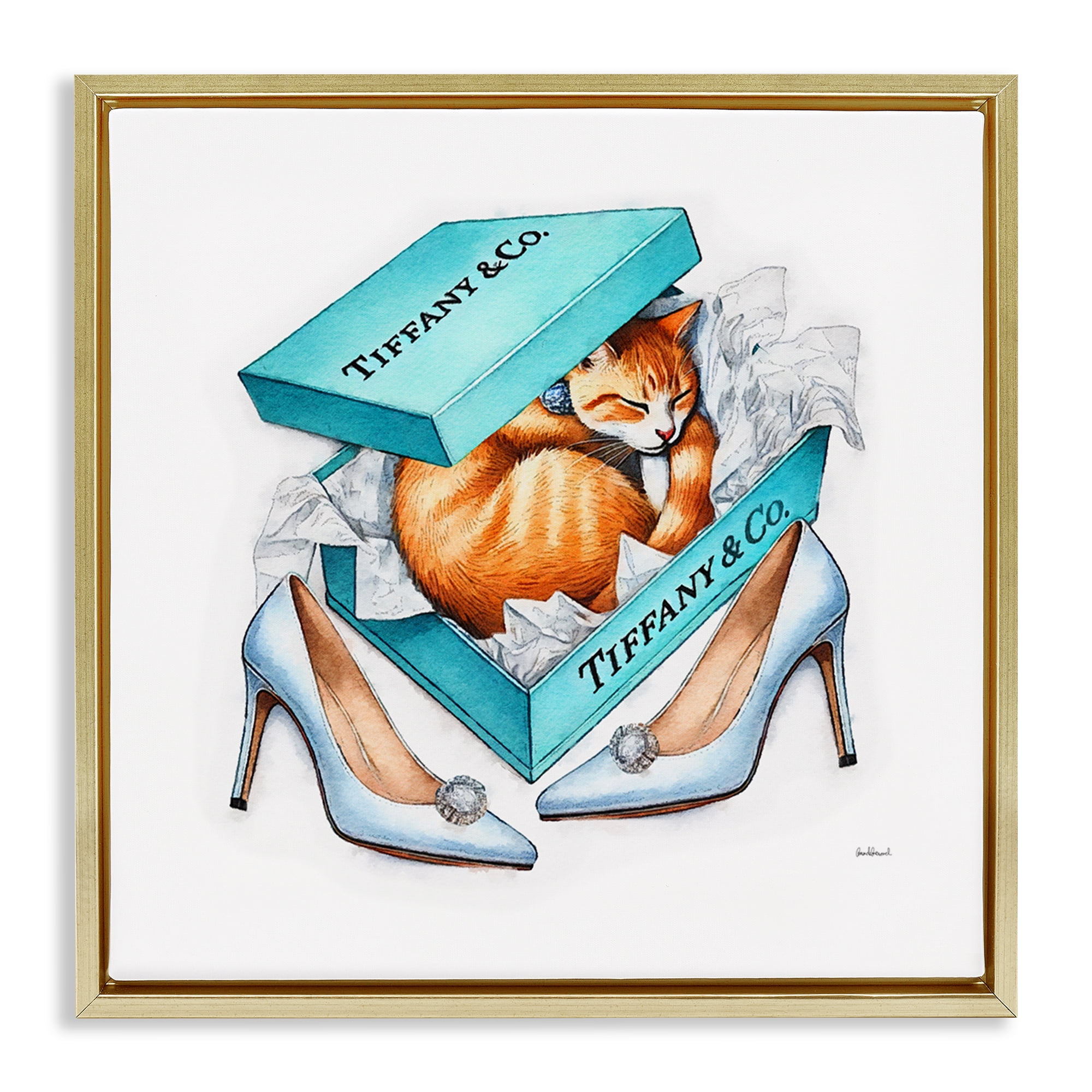Stupell Industries Blue Shoebox with Cat Animals Painting Gold Floater Framed Canvas Art Print Wall Art, 25 x 25