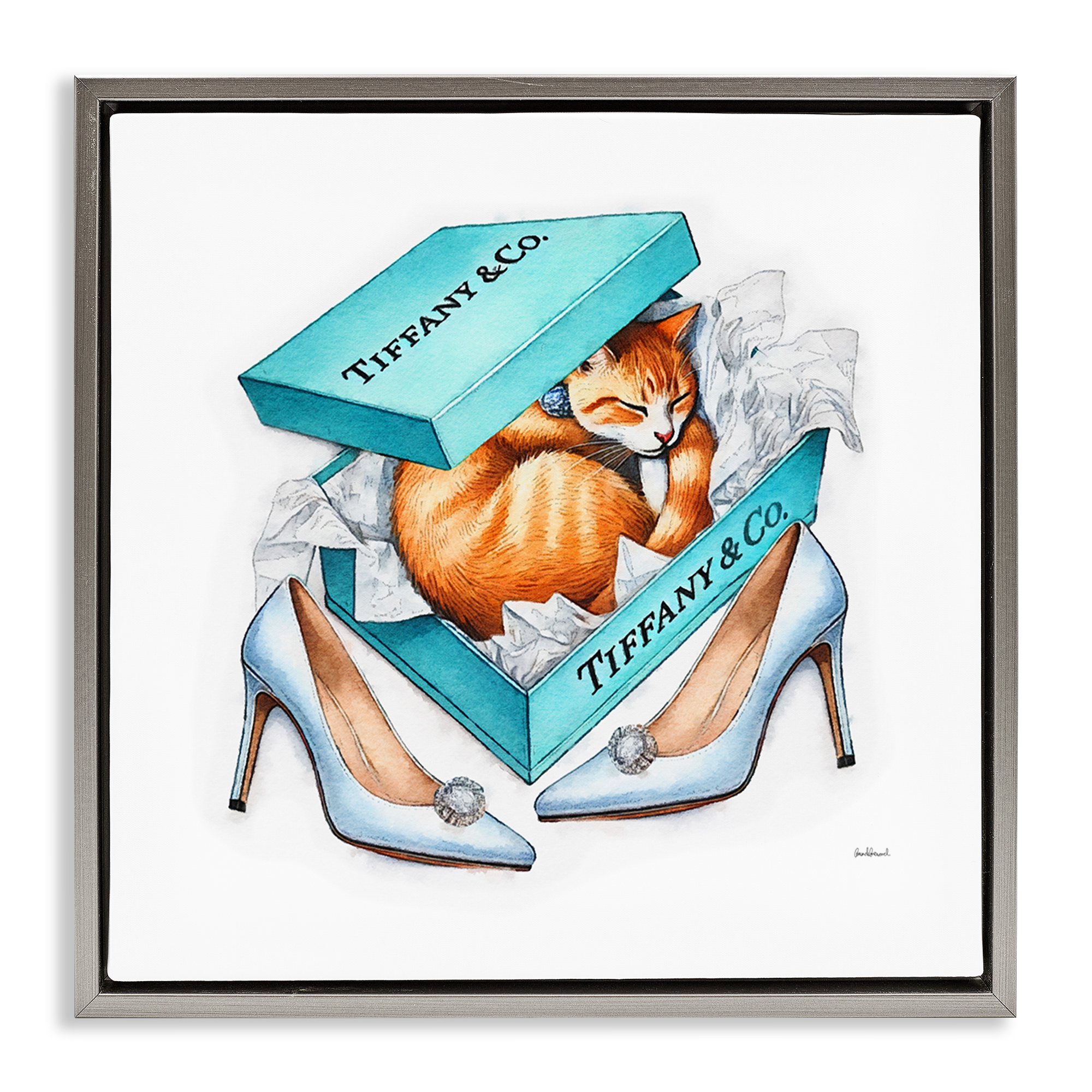Stupell Industries Blue Shoebox with Cat Animals Painting Gray Floater Framed Canvas Art Print Wall Art, 25 x 25