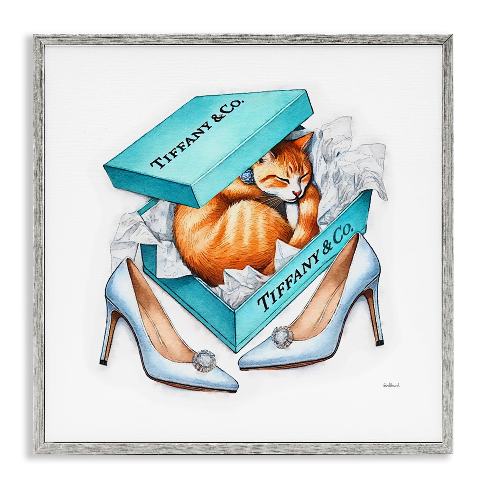 Stupell Industries Blue Shoebox with Cat Animals Painting Gray Framed Art Print Wall Art, 17 x 17