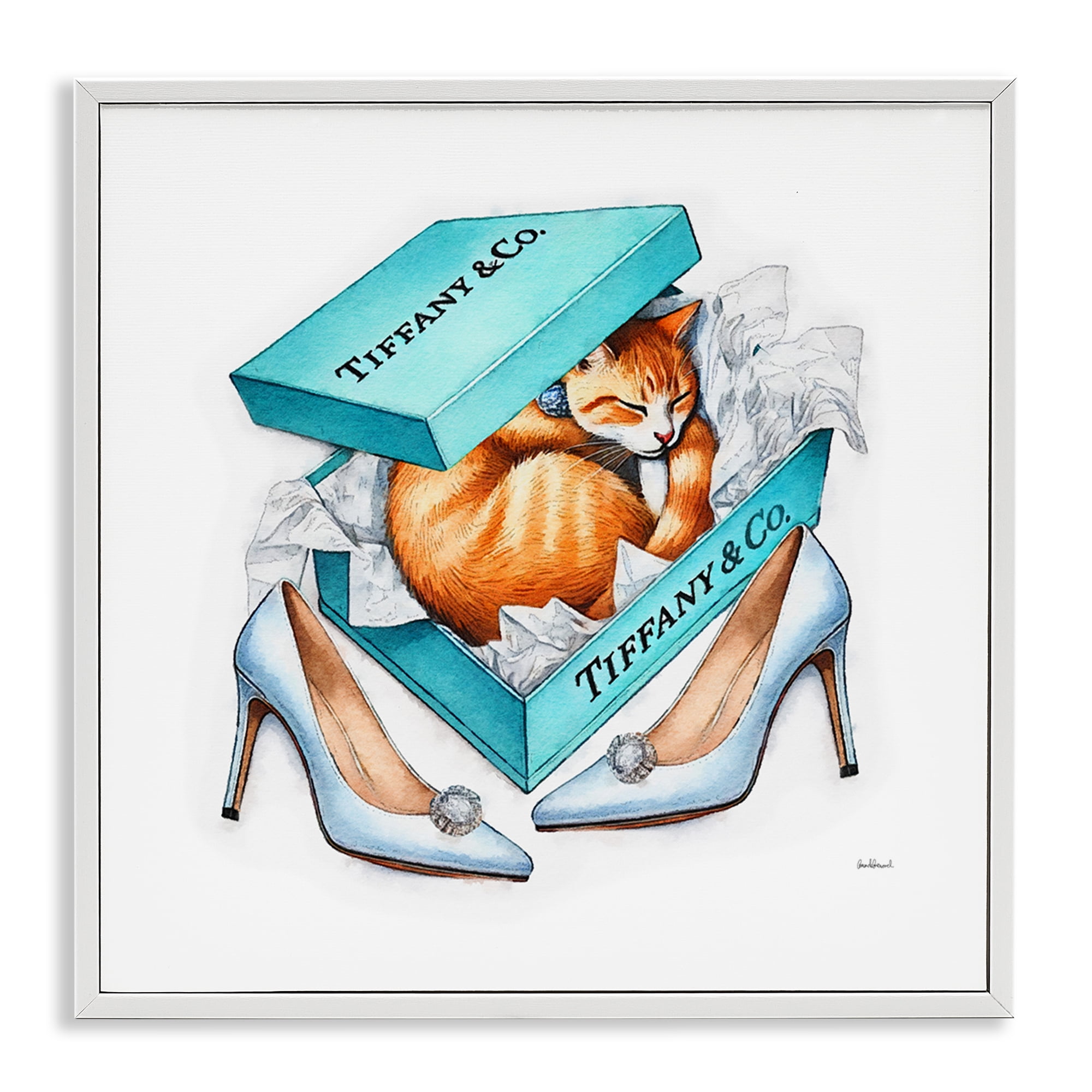 Stupell Industries Blue Shoebox with Cat Animals Painting White Framed Art Print Wall Art, 17 x 17