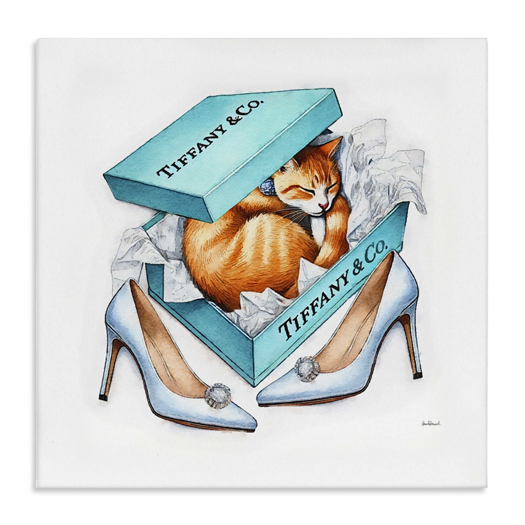 Stupell Industries Blue Shoebox with Cat Animals Painting Wrapped Canvas Art Print Wall Art, 24 x 24