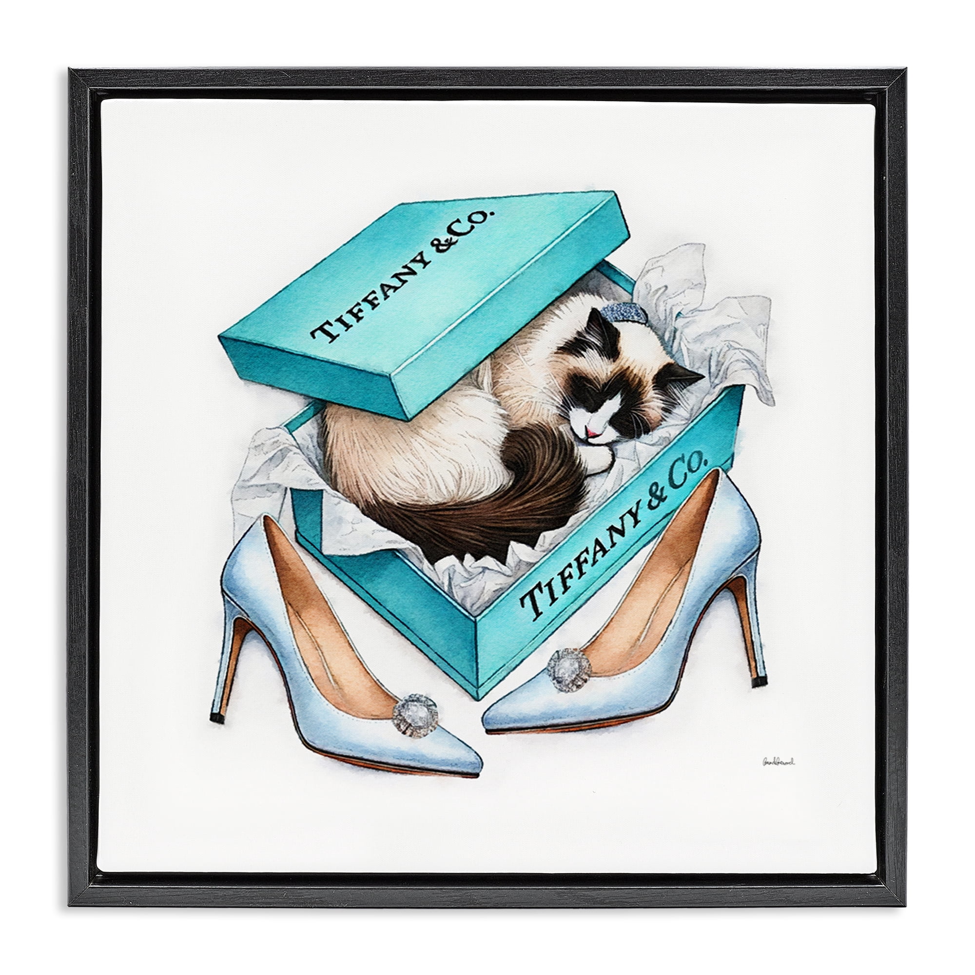 Stupell Industries Blue Shoebox with Kitten Animals Painting Black Floater Framed Canvas Art Print Wall Art, 25 x 25