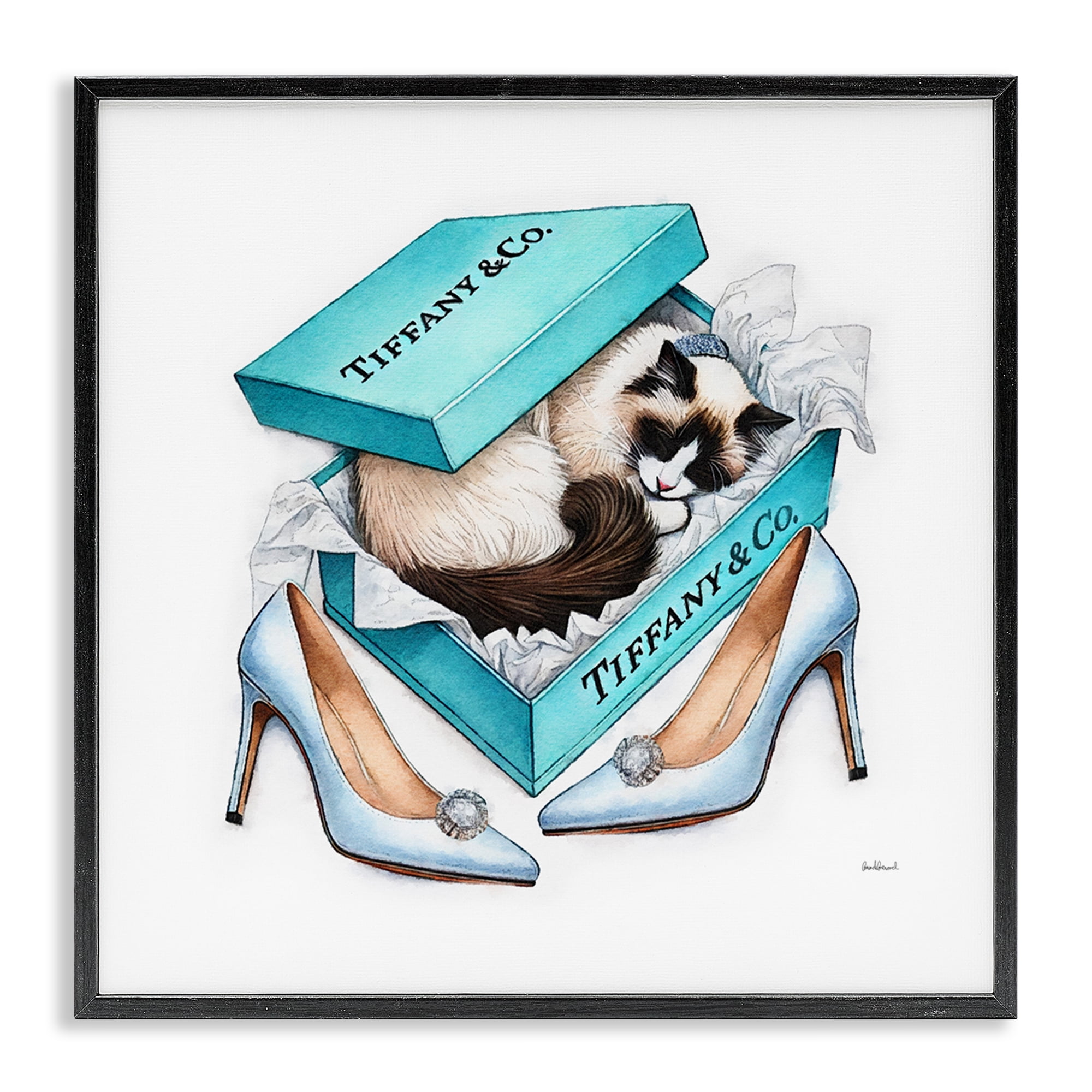 Stupell Industries Blue Shoebox with Kitten Animals Painting Black Framed Art Print Wall Art, 17 x 17