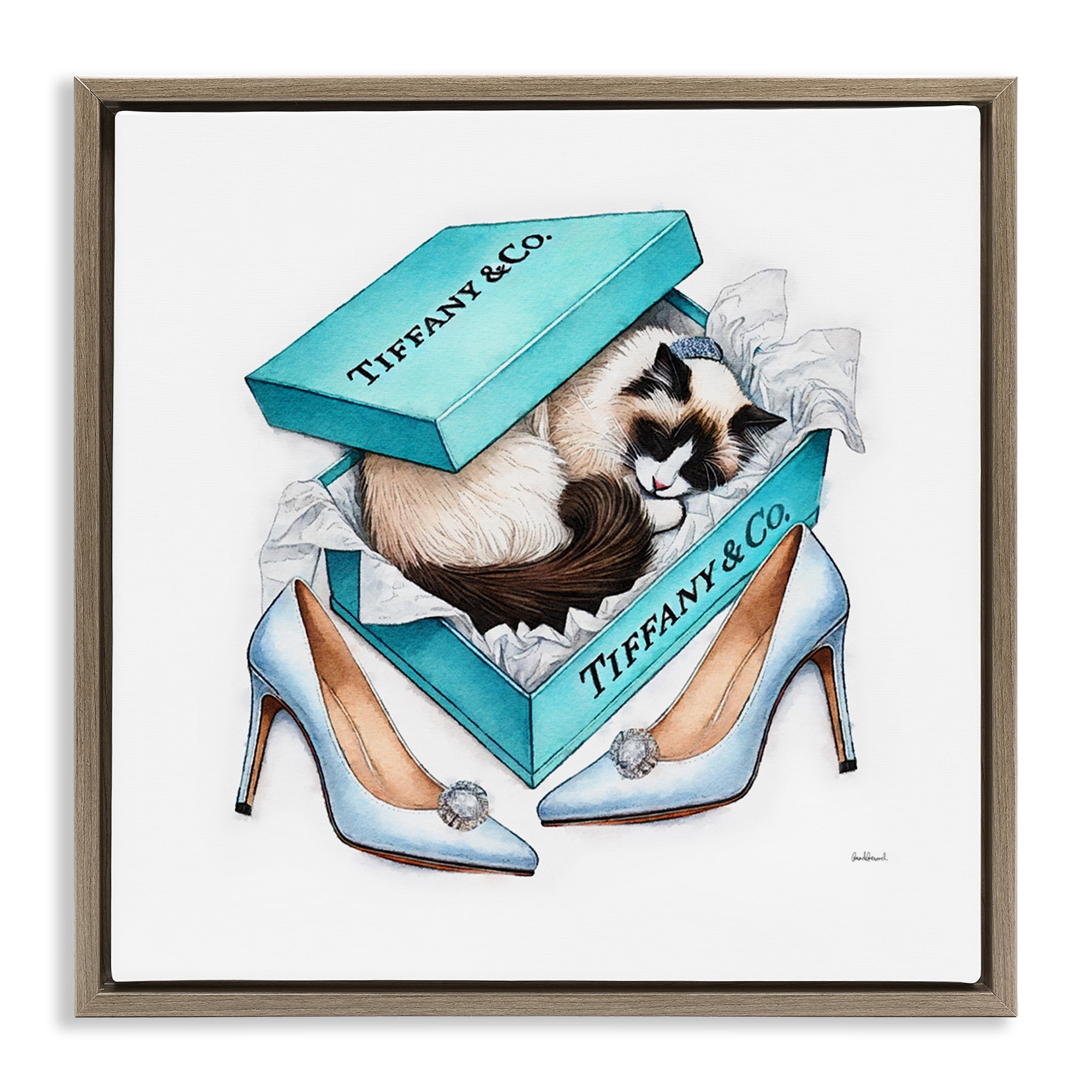 Stupell Industries Blue Shoebox with Kitten Animals Painting Brown Floater Framed Canvas Art Print Wall Art, 25 x 25