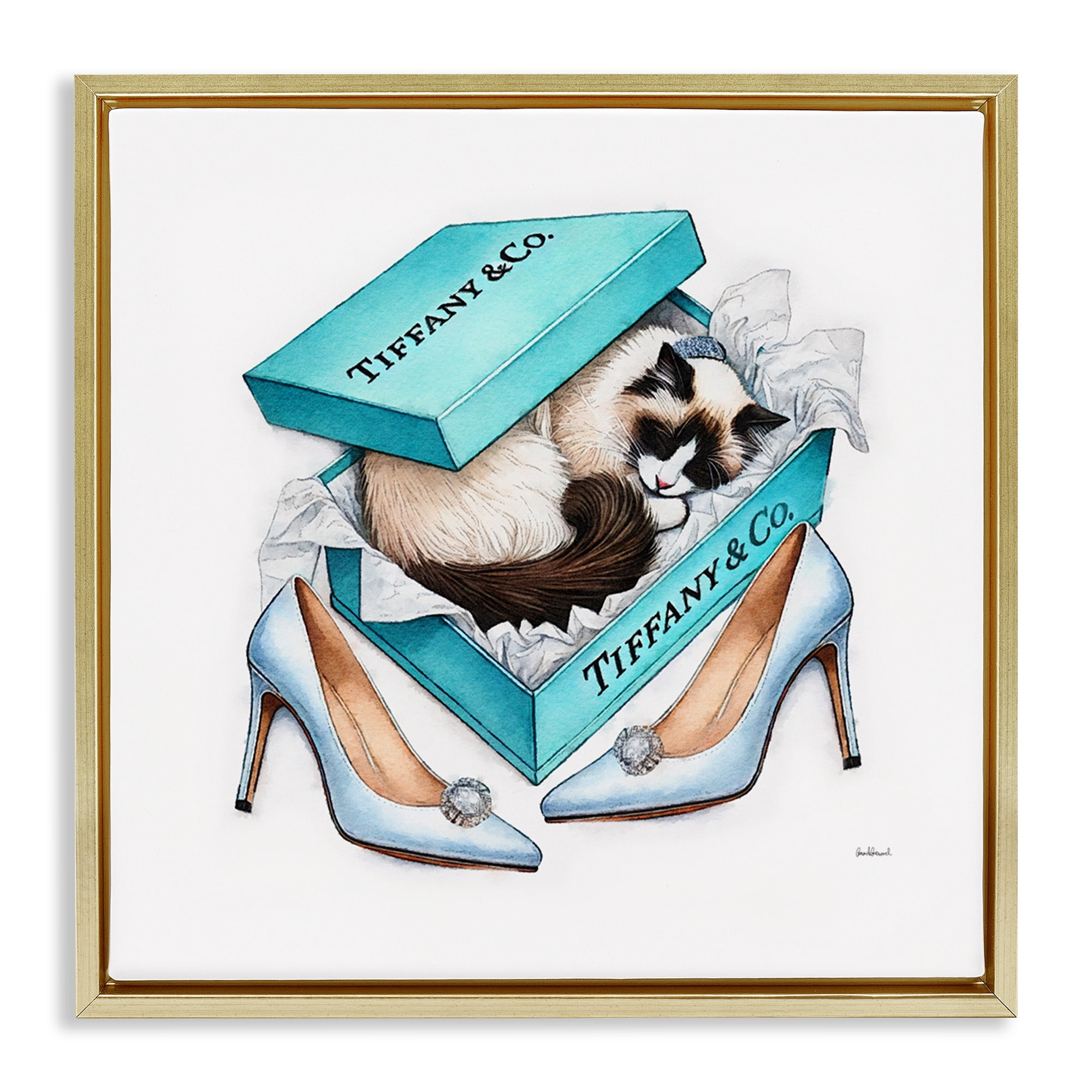 Stupell Industries Blue Shoebox with Kitten Animals Painting Gold Floater Framed Canvas Art Print Wall Art, 18 x 18
