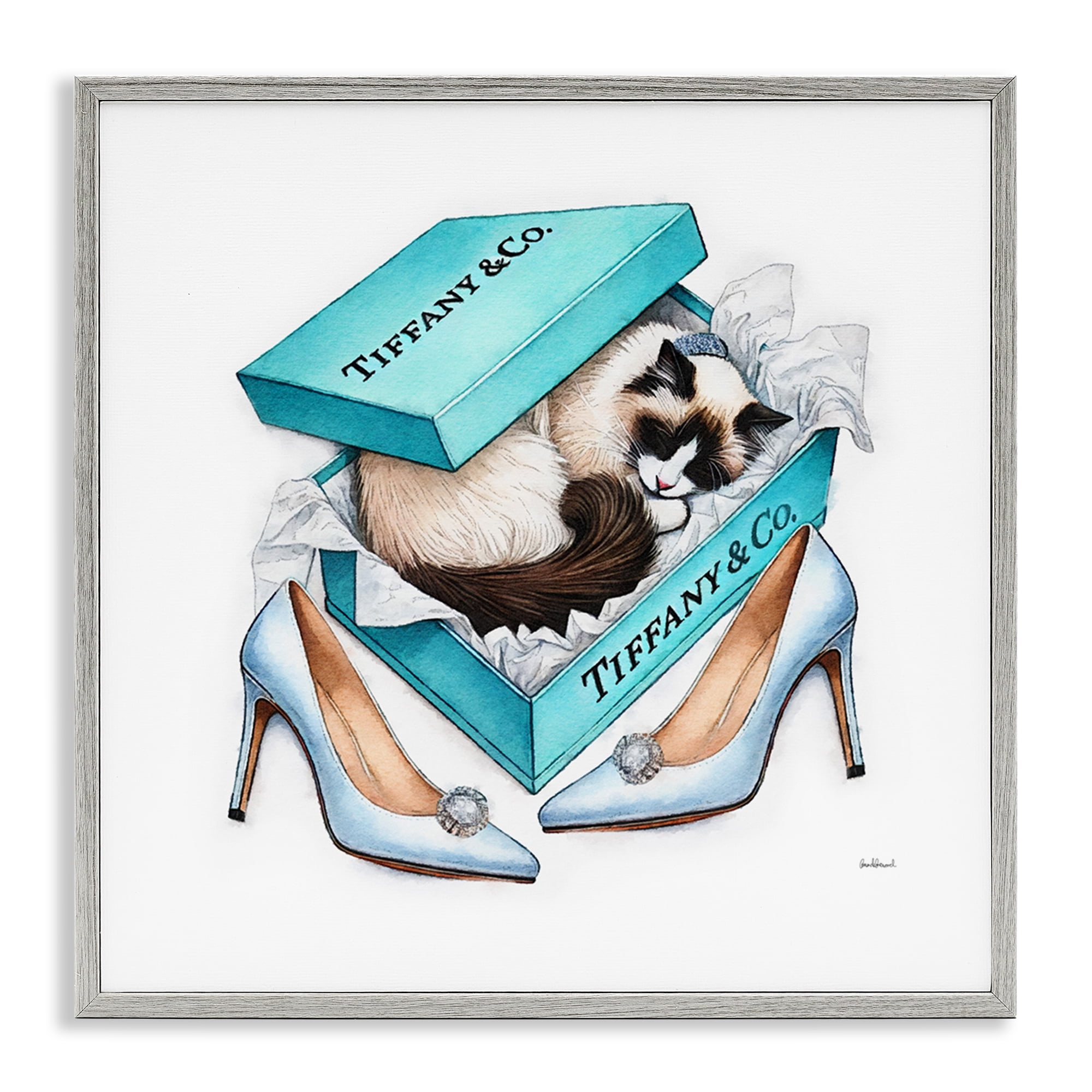 Stupell Industries Blue Shoebox with Kitten Animals Painting Gray Framed Art Print Wall Art, 12 x 12