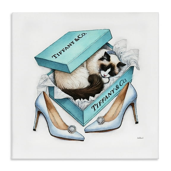 Stupell Industries Blue Shoebox with Kitten Animals Painting Wrapped Canvas Art Print Wall Art, 17 x 17