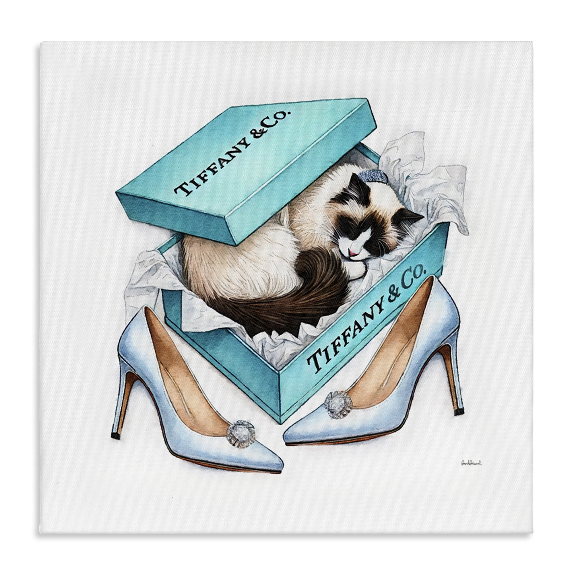 Stupell Industries Blue Shoebox with Kitten Animals Painting Wrapped Canvas Art Print Wall Art, 36 x 36