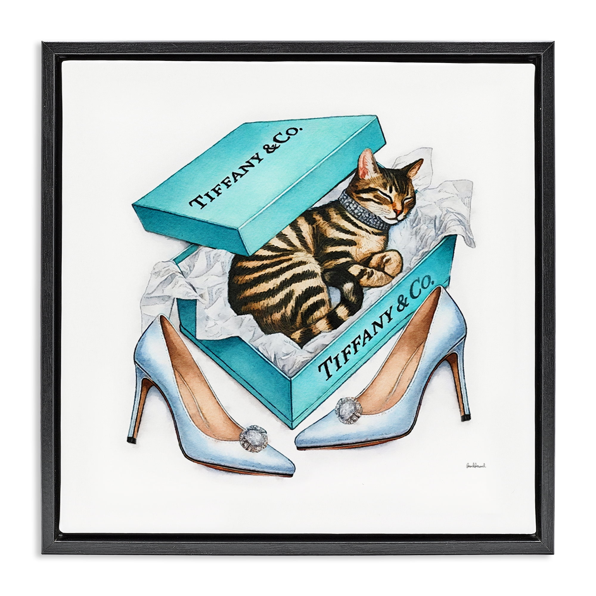 Stupell Industries Blue Shoebox with Kitty Animals Painting Black Floater Framed Canvas Art Print Wall Art, 18 x 18