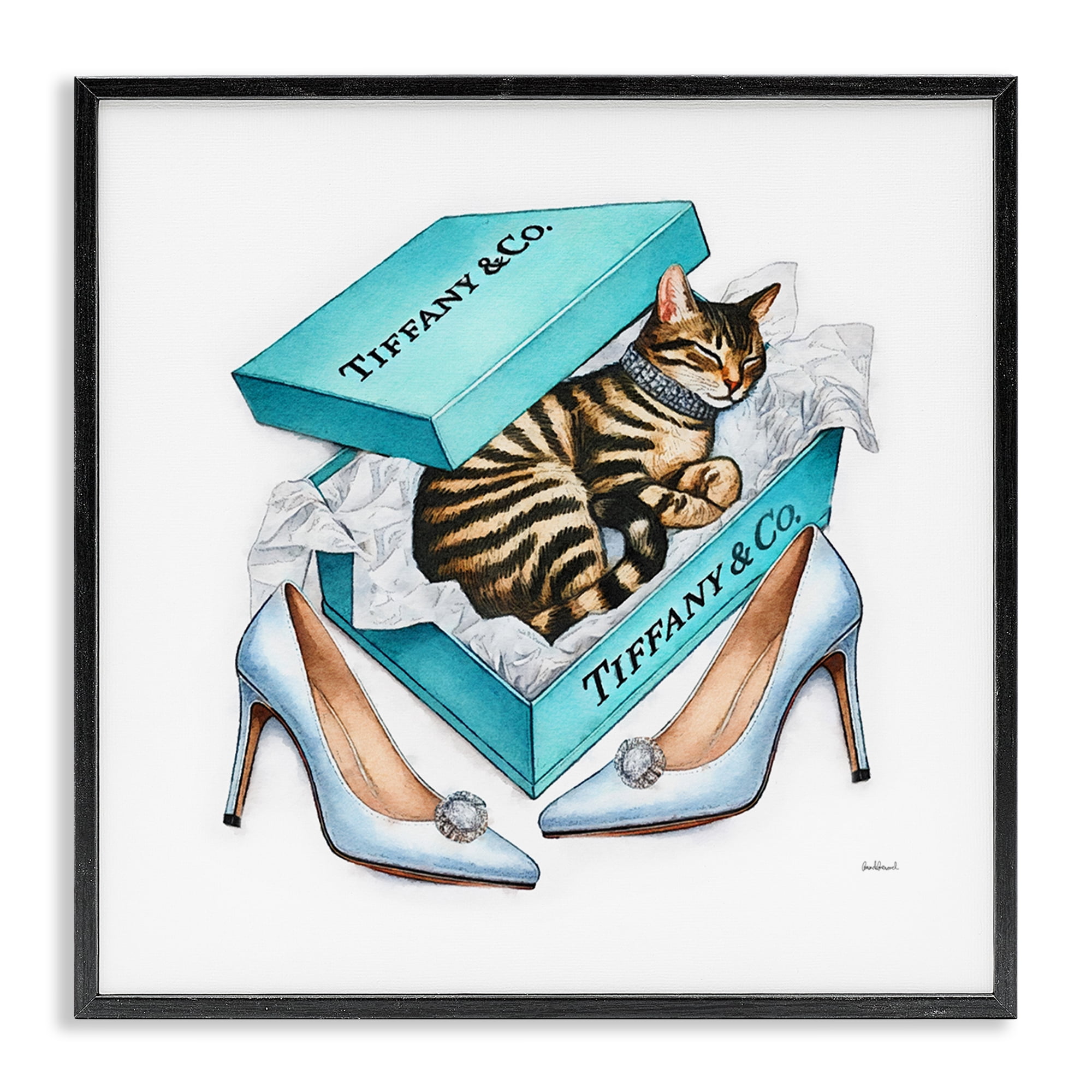 Stupell Industries Blue Shoebox with Kitty Animals Painting Black Framed Art Print Wall Art, 24 x 24