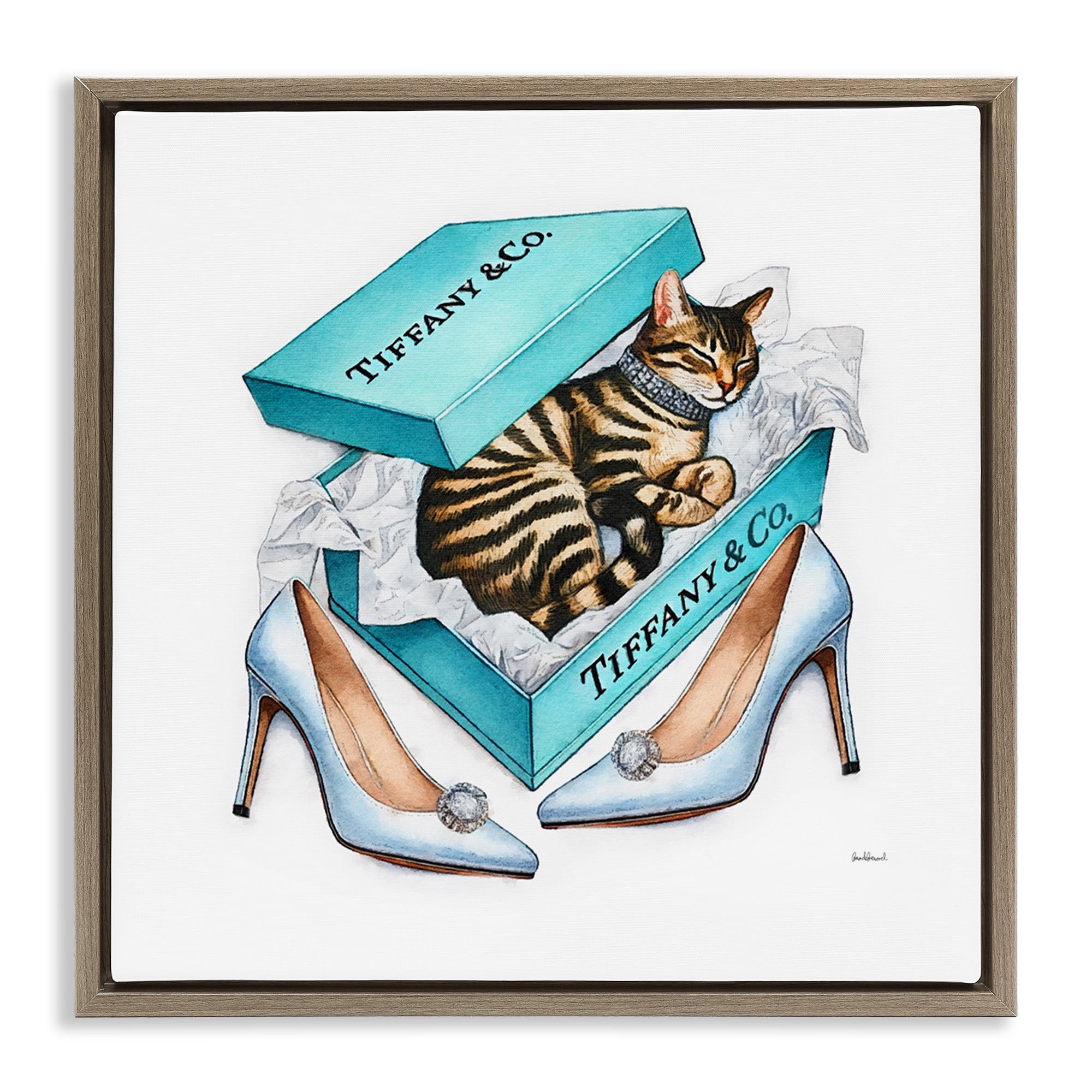Stupell Industries Blue Shoebox with Kitty Animals Painting Brown Floater Framed Canvas Art Print Wall Art, 25 x 25