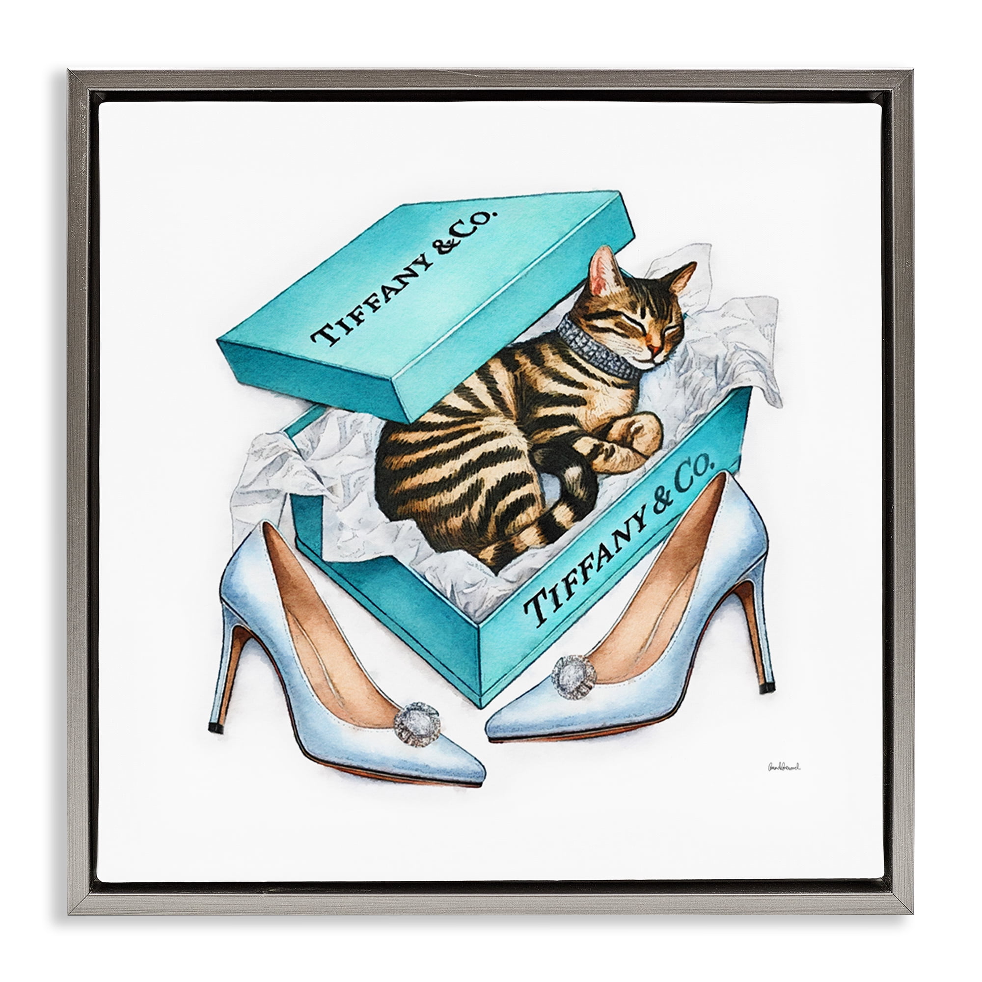 Stupell Industries Blue Shoebox with Kitty Animals Painting Gray Floater Framed Canvas Art Print Wall Art, 25 x 25