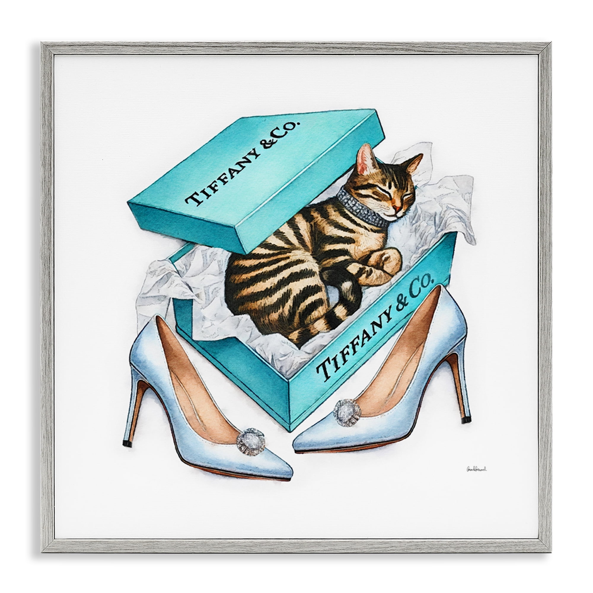 Stupell Industries Blue Shoebox with Kitty Animals Painting Gray Framed Art Print Wall Art, 24 x 24