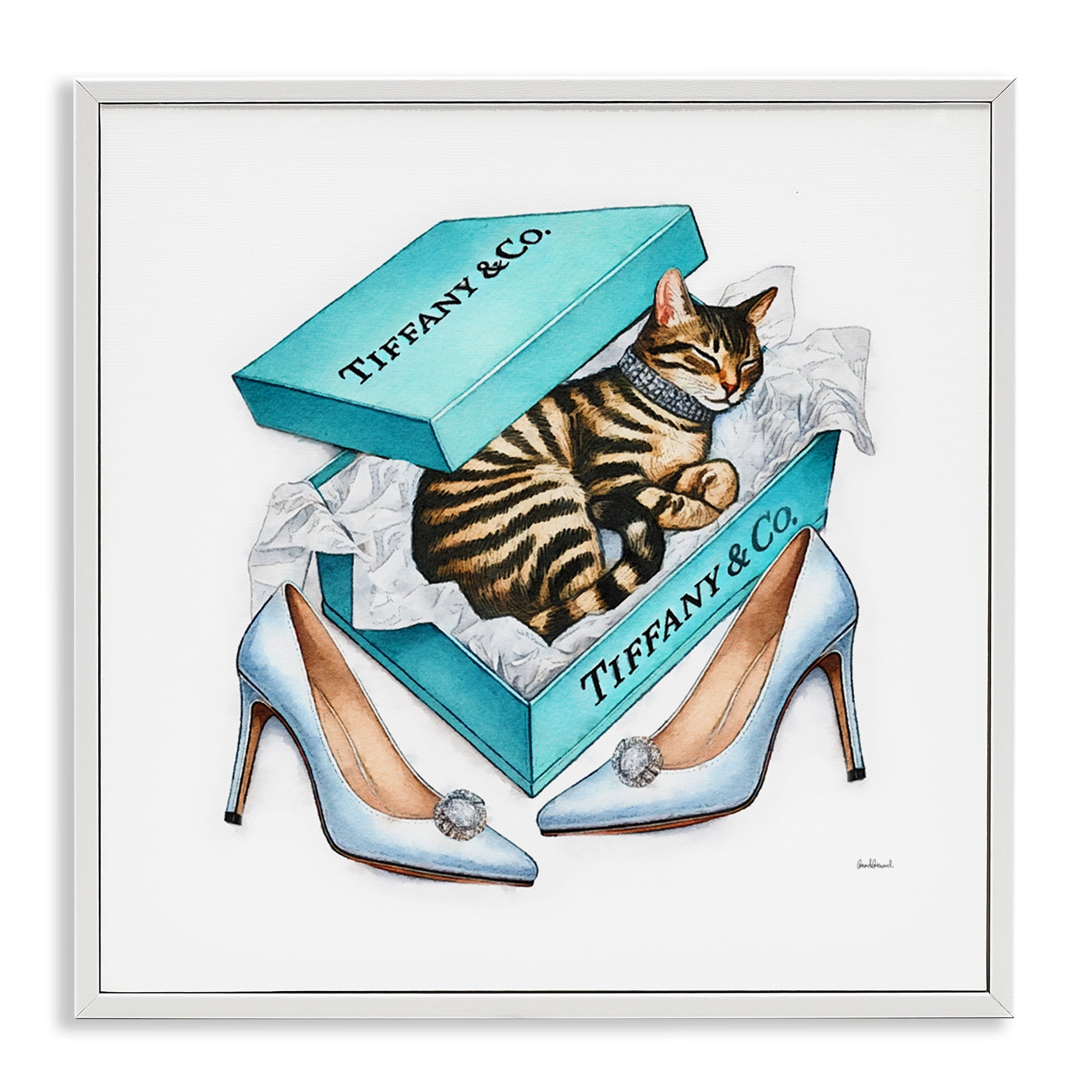 Stupell Industries Blue Shoebox with Kitty Animals Painting White Framed Art Print Wall Art, 17 x 17