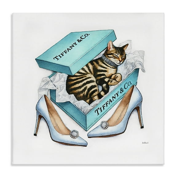 Stupell Industries Blue Shoebox with Kitty Animals Painting Wrapped Canvas Art Print Wall Art, 17 x 17