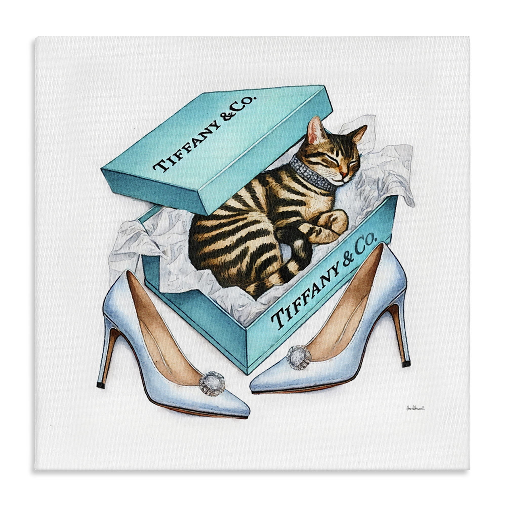 Stupell Industries Blue Shoebox with Kitty Animals Painting Wrapped Canvas Art Print Wall Art, 30 x 30