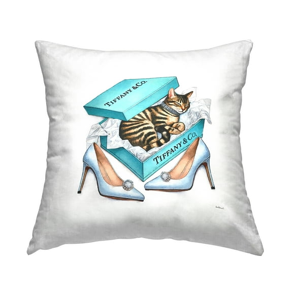 Stupell Industries Blue Shoebox with Kitty Decorative Printed Throw Pillow Design by Amanda Greenwood.