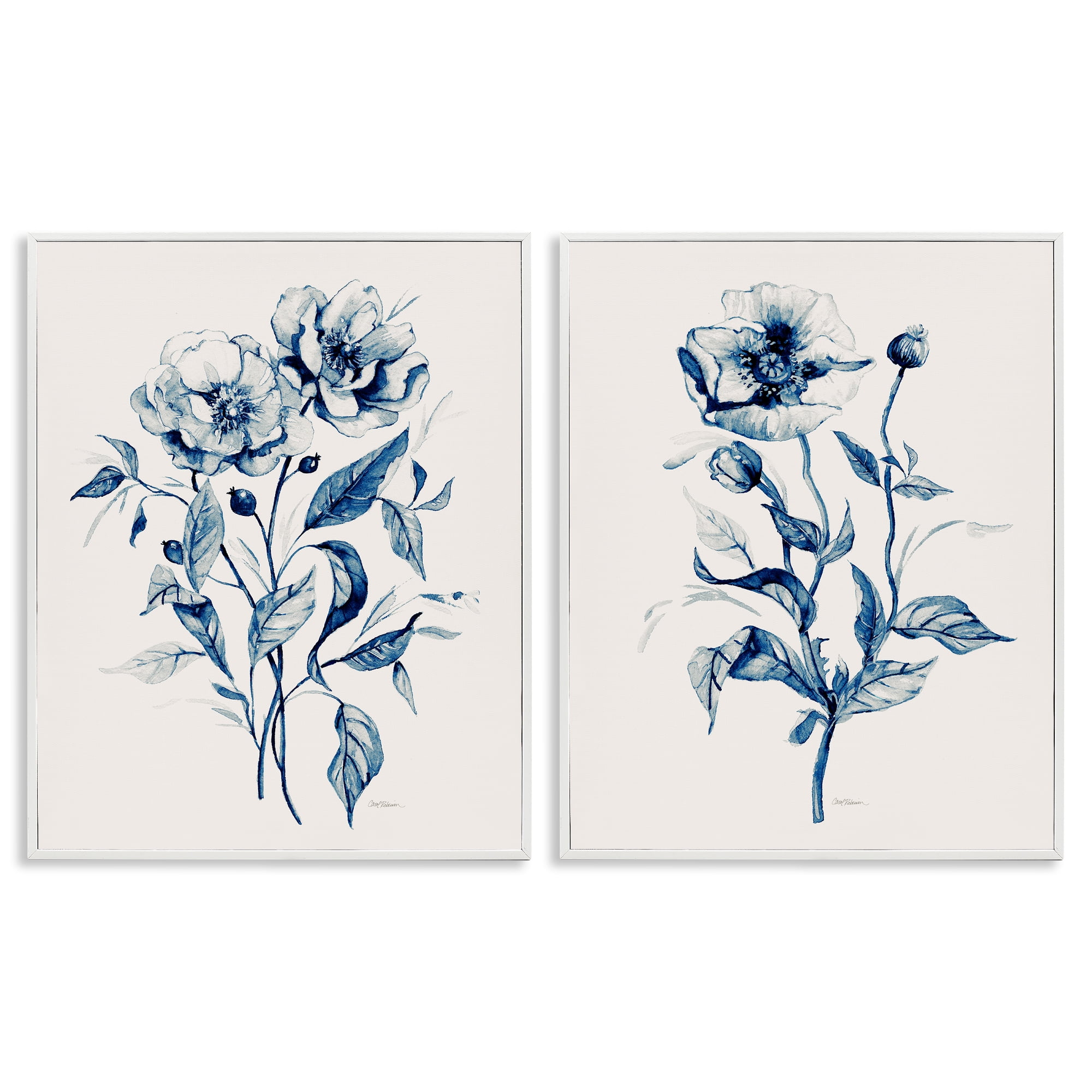 Stupell Industries Blue Sketched Flowers Plants & Flowers Drawing White Framed Art Print Wall Art, 24 x 30, Set of 2