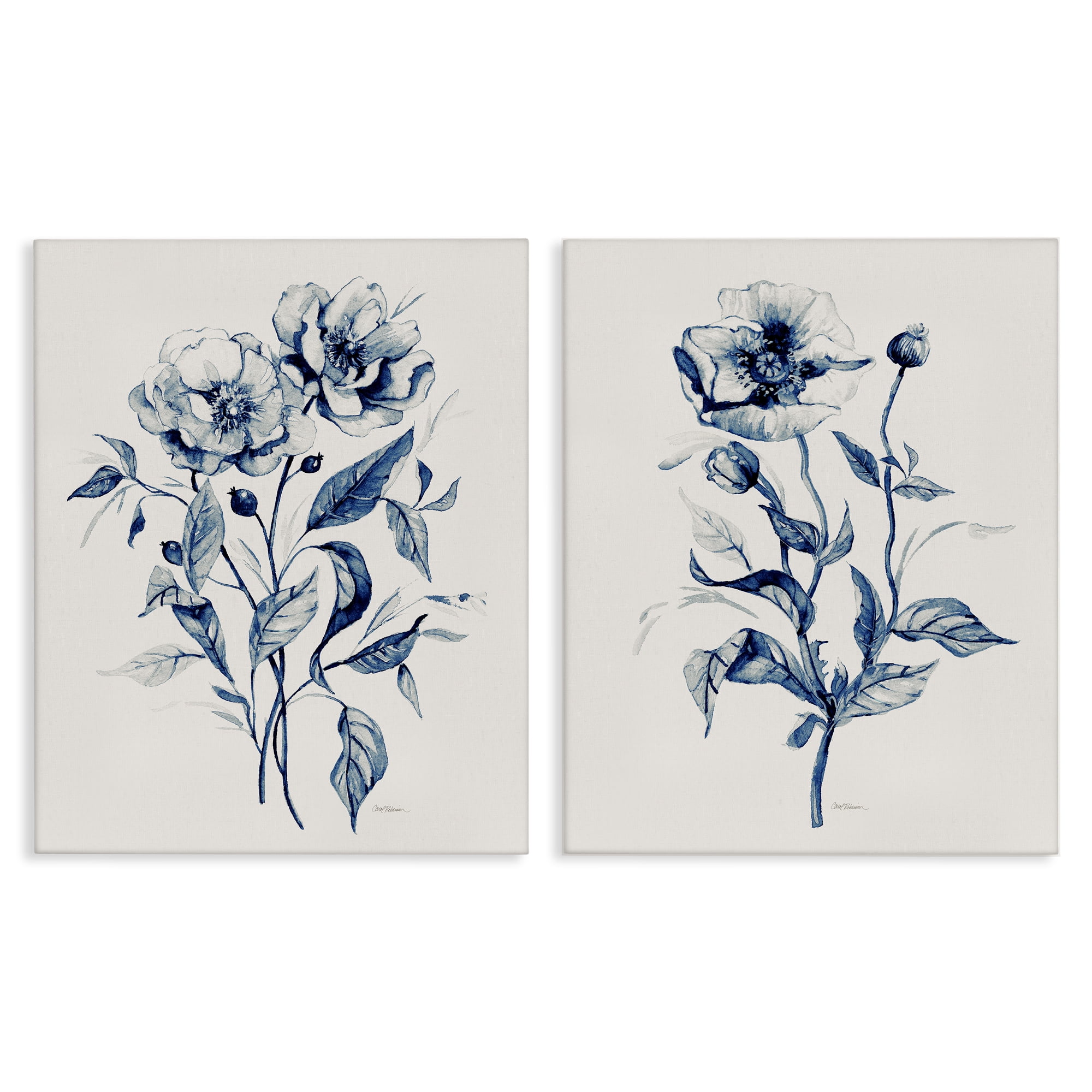 Stupell Industries Blue Sketched Flowers Plants & Flowers Drawing Wrapped Canvas Art Print Wall Art, 24 x 30, Set of 2