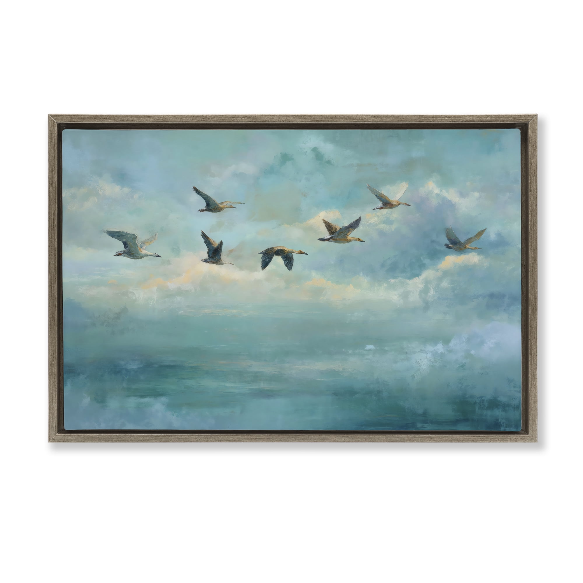 Stupell Industries Blue Skies Geese Brown Framed Floater Canvas Wall Art, design by Petal Prints Design