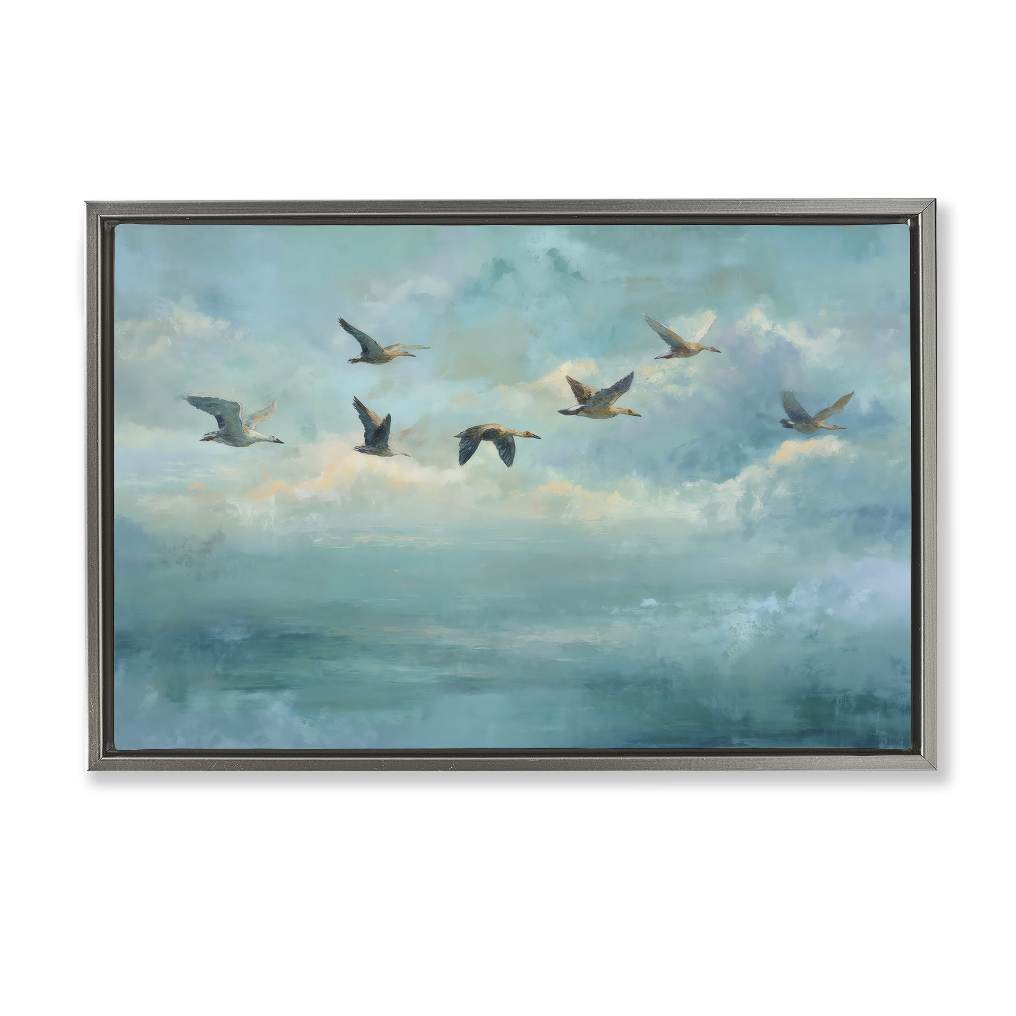 Stupell Industries Blue Skies Geese Gray Framed Floater Canvas Wall Art, design by Petal Prints Design