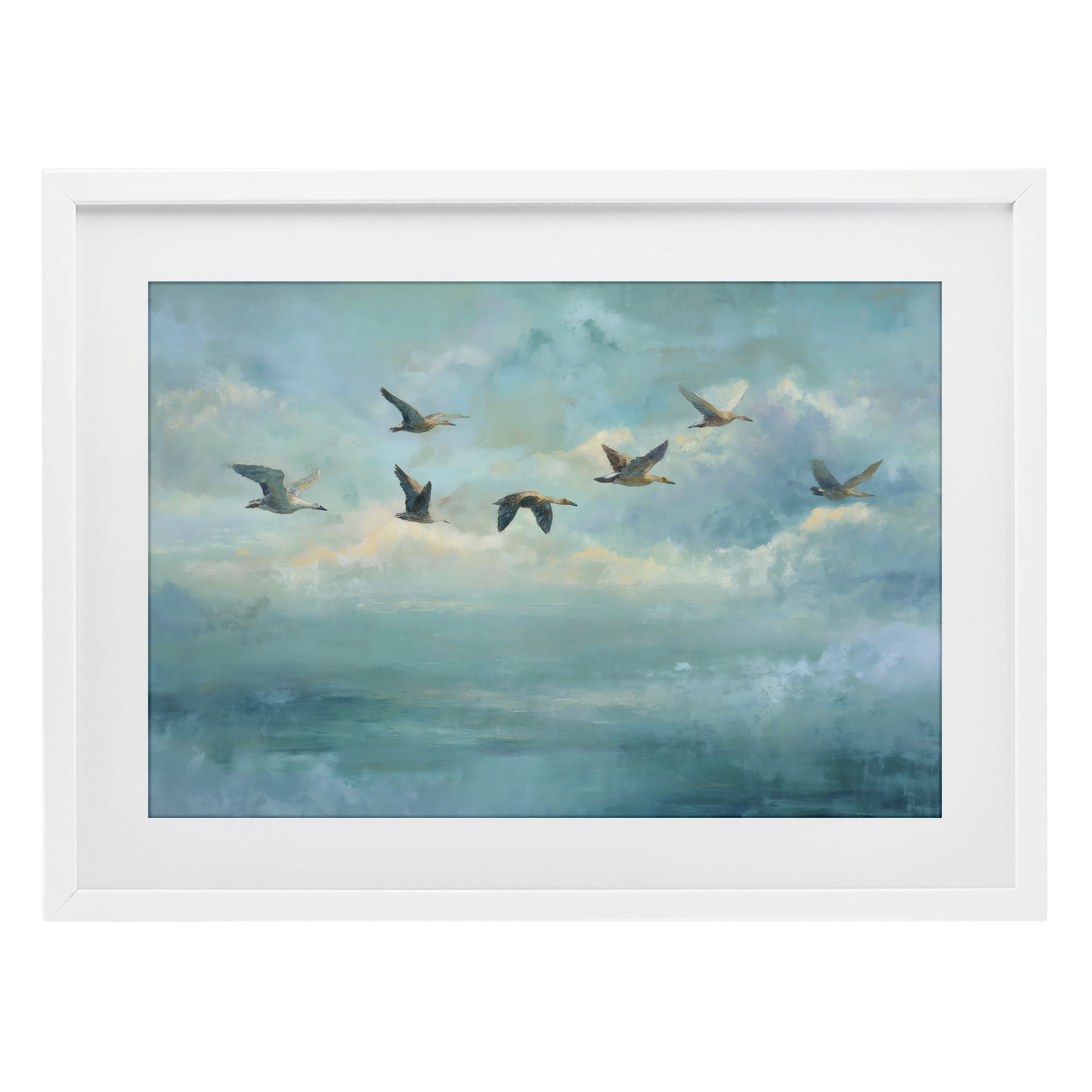 Stupell Industries Blue Skies Geese White Framed Print Under Glass, design by Petal Prints Design