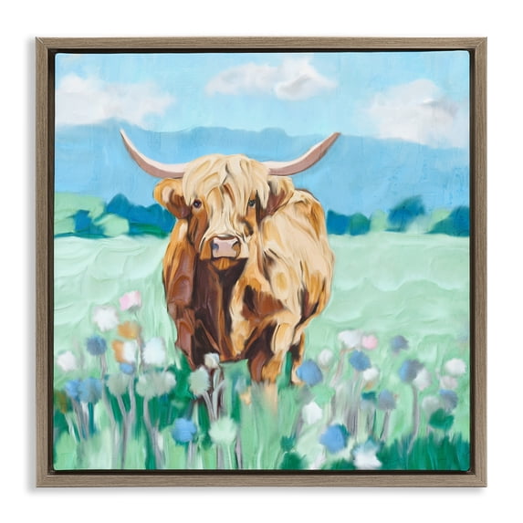 Stupell Industries Rustic Lodge Blue Sky Highland Brown Floating Frame Canvas Art, 18 x 18, by Kim Allen
