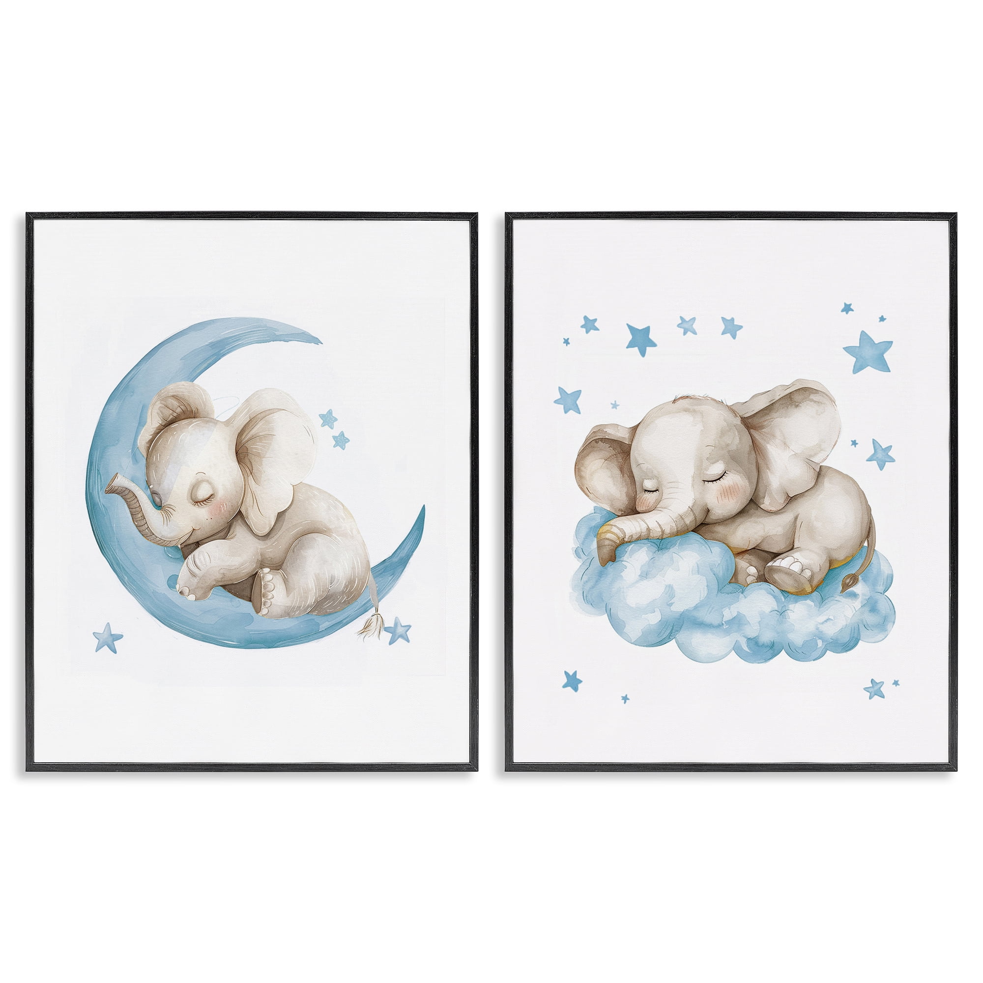 Stupell Industries Blue Sleepy Elephant Animals Painting Black Framed Art Print Wall Art, 11 x 14, Set of 2