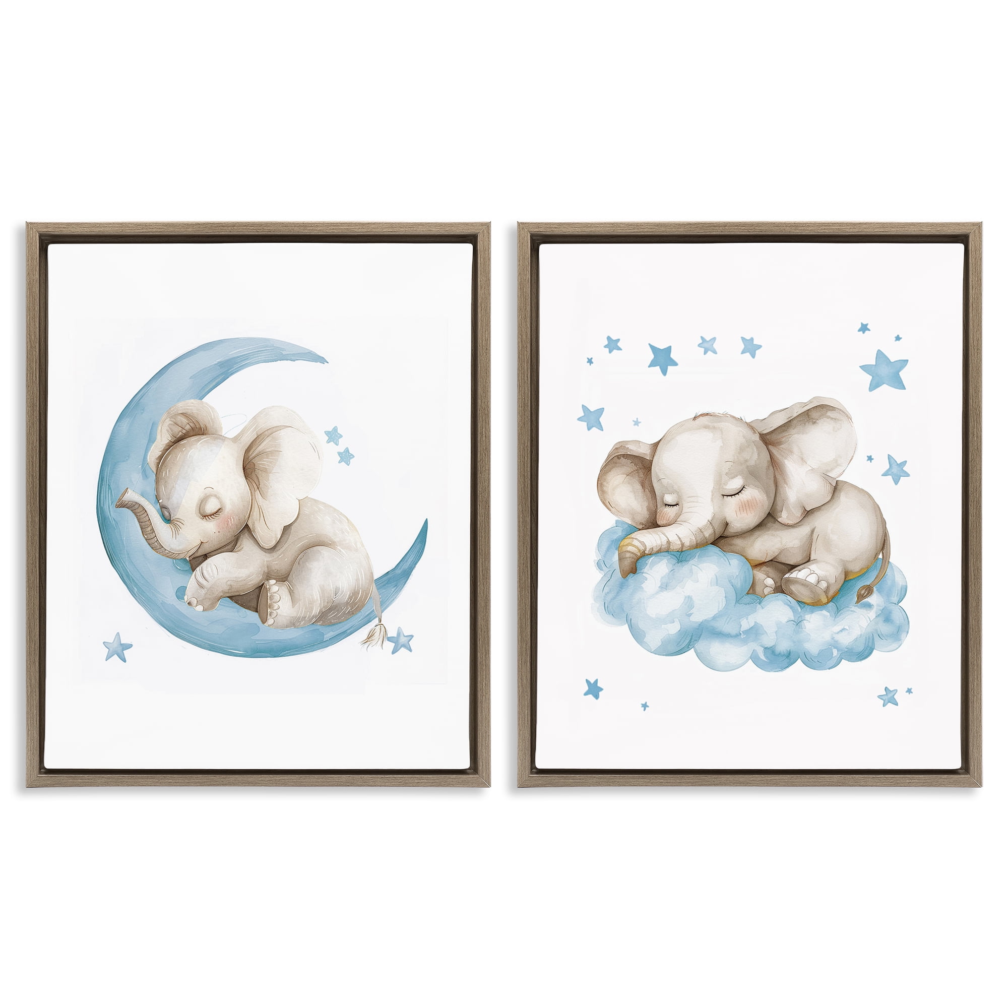 Stupell Industries Blue Sleepy Elephant Animals Painting Brown Floater Framed Canvas Art Print Wall Art, 17 x 21, Set of 2