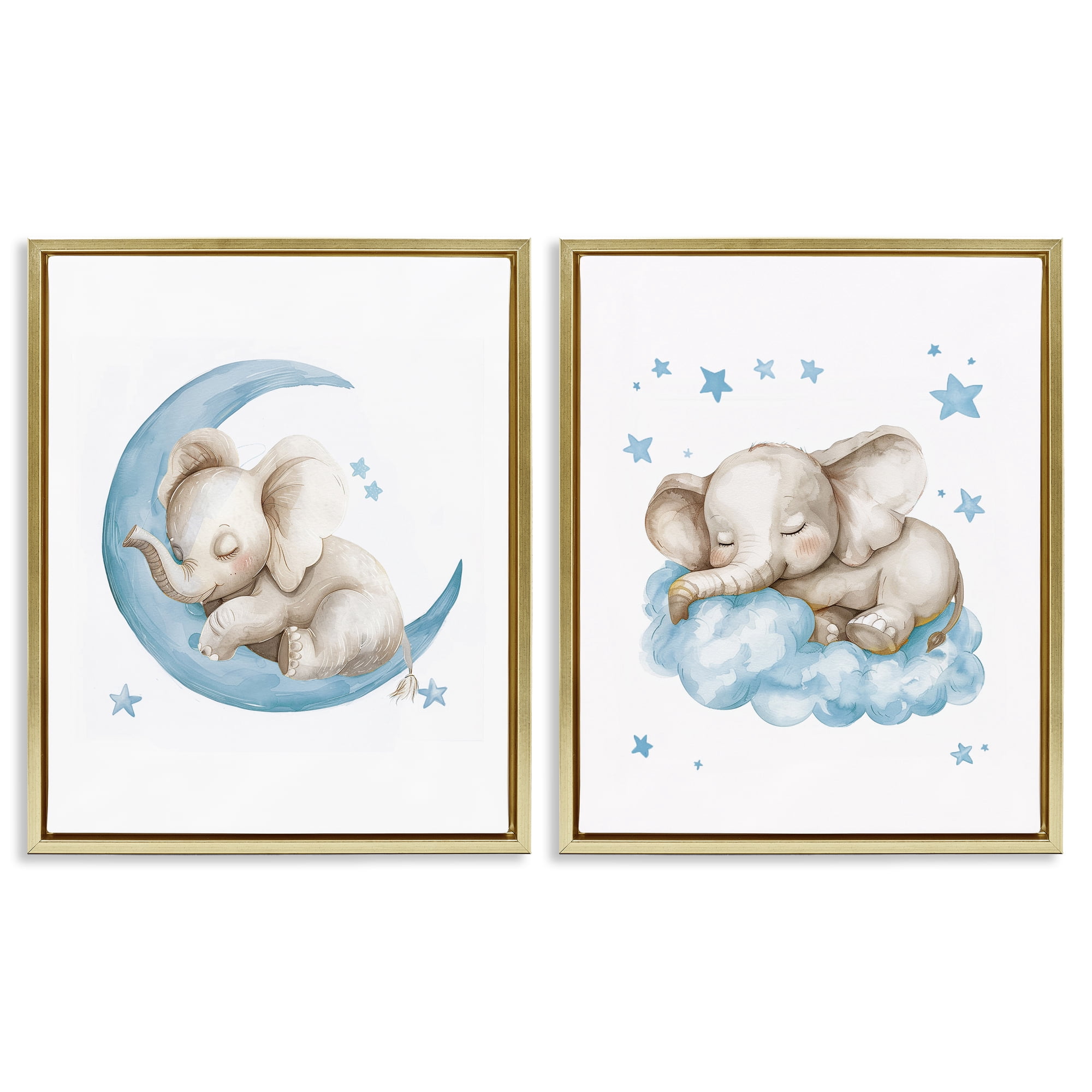 Stupell Industries Blue Sleepy Elephant Animals Painting Gold Floater Framed Canvas Art Print Wall Art, 17 x 21, Set of 2