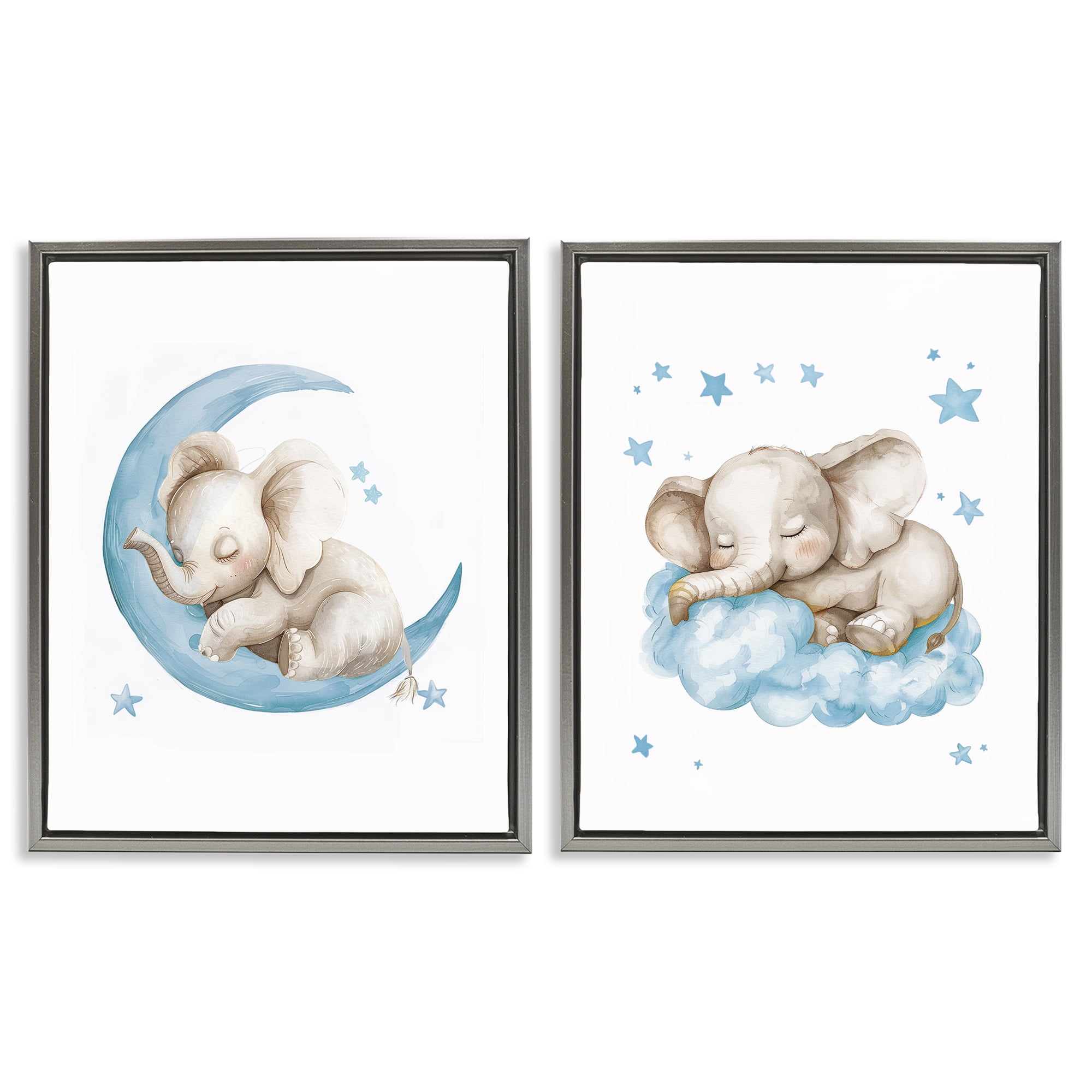 Stupell Industries Blue Sleepy Elephant Animals Painting Gray Floater Framed Canvas Art Print Wall Art, 31 x 25, Set of 2