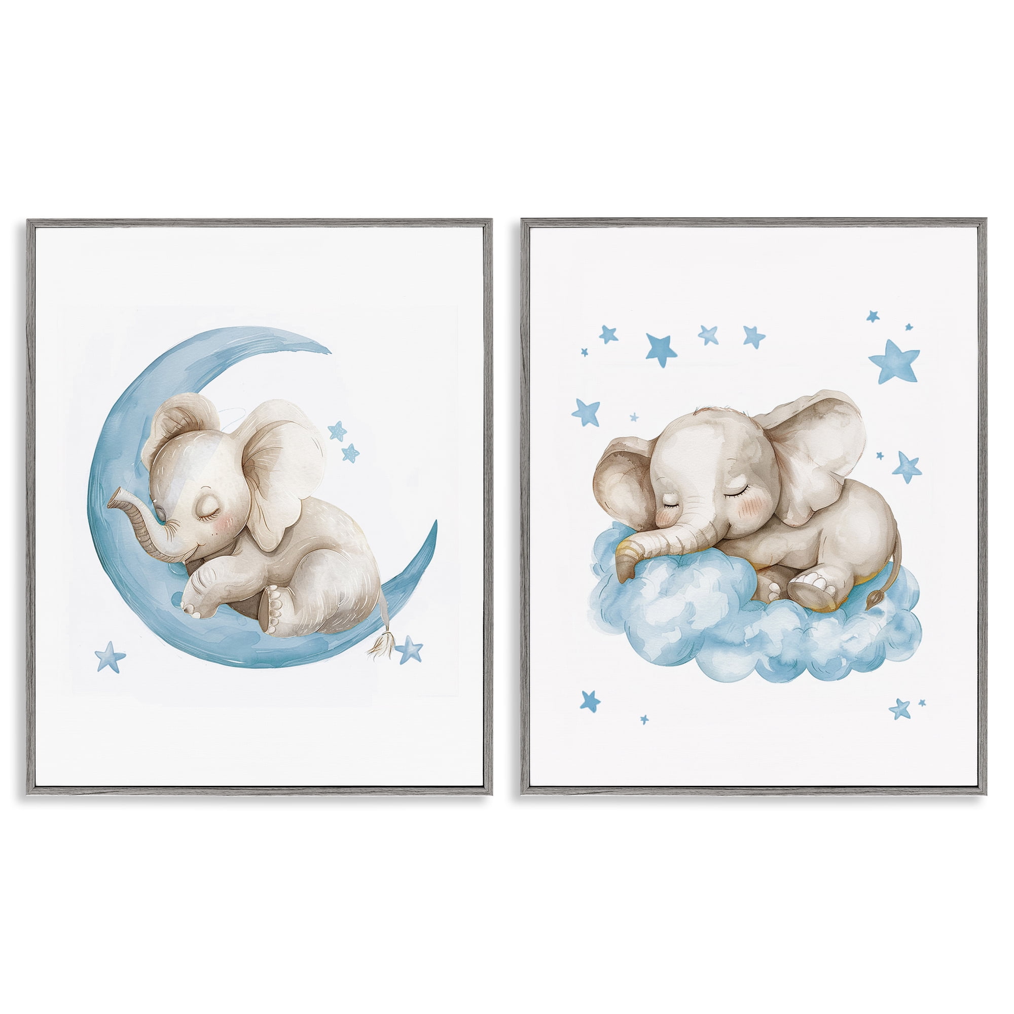 Stupell Industries Blue Sleepy Elephant Animals Painting Gray Framed Art Print Wall Art, 11 x 14, Set of 2