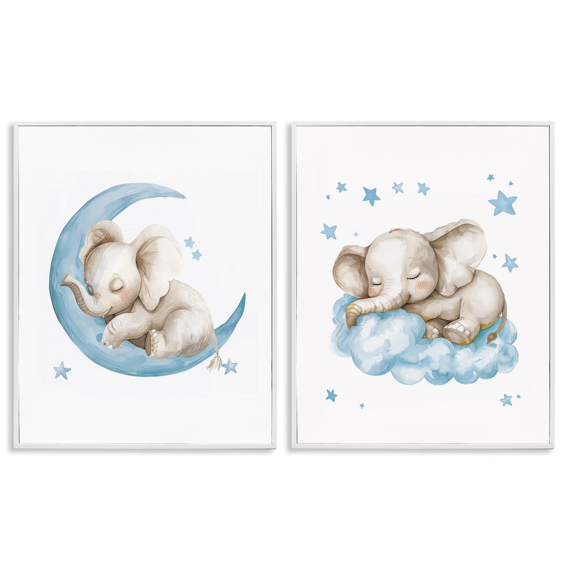 Stupell Industries Blue Sleepy Elephant Animals Painting White Framed Art Print Wall Art, 11 x 14, Set of 2