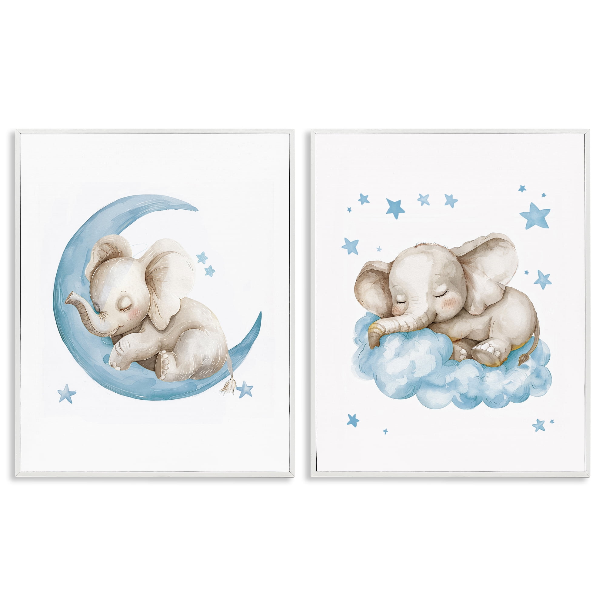 Stupell Industries Blue Sleepy Elephant Animals Painting White Framed Art Print Wall Art, 24 x 30, Set of 2
