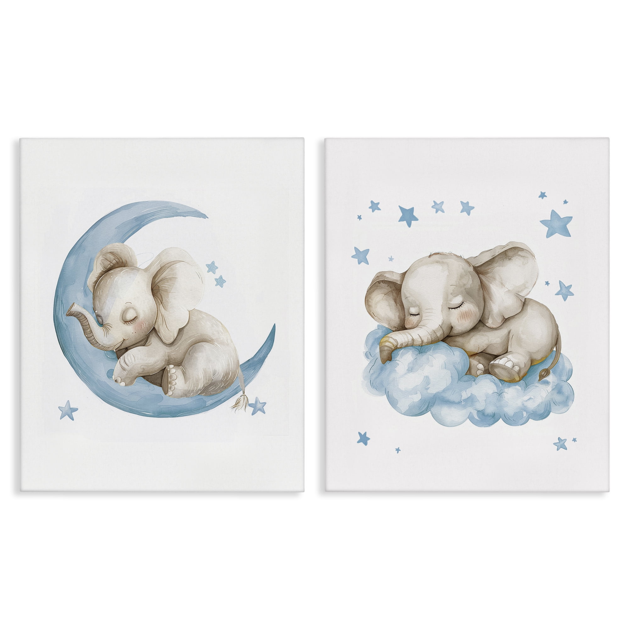 Stupell Industries Blue Sleepy Elephant Animals Painting Wrapped Canvas Art Print Wall Art, 24 x 30, Set of 2