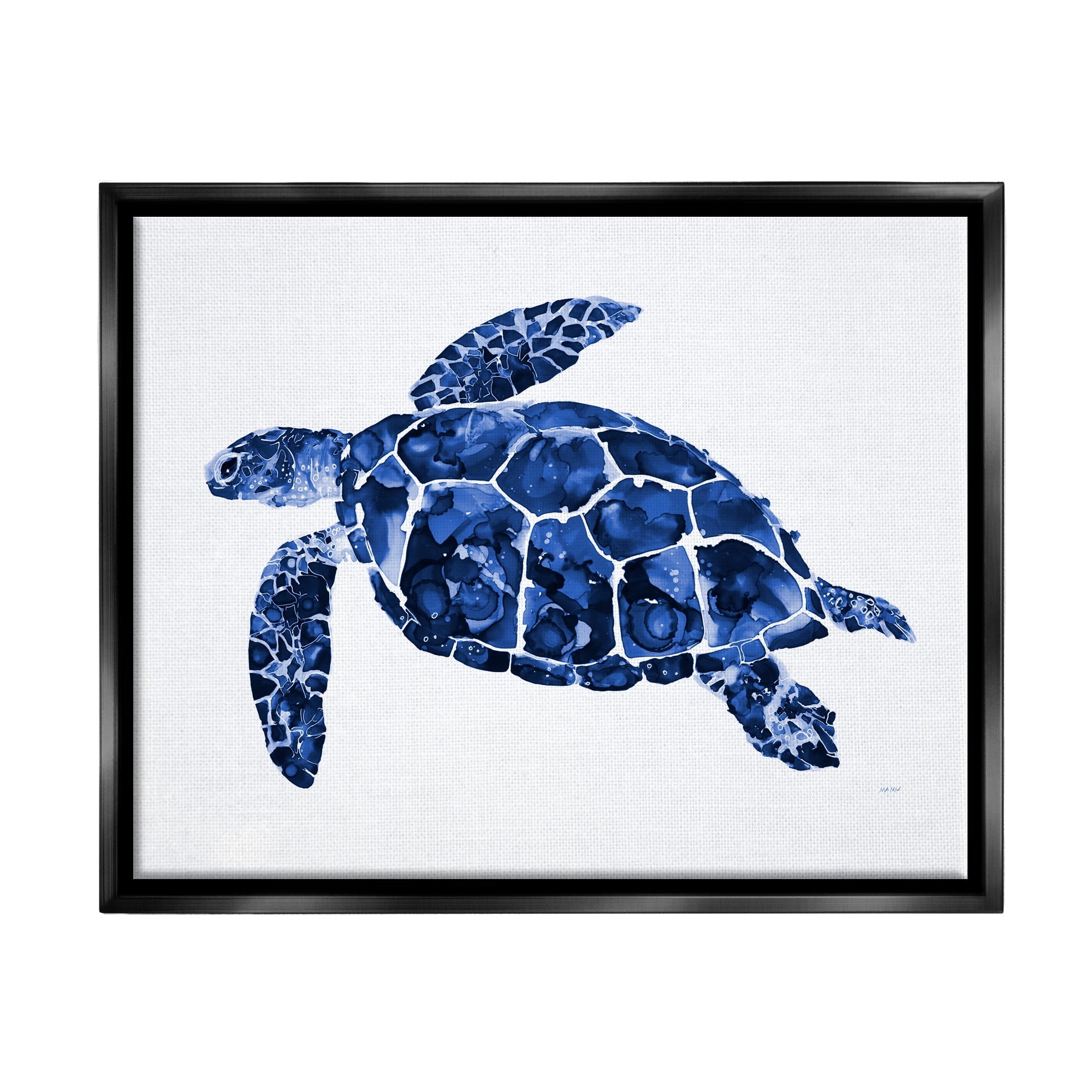 Stupell Industries Blue Speckled Sea Turtle Marine Animal Illustration Painting Jet Black Floating Framed Canvas Print Wall Art, Design by Patti Mann