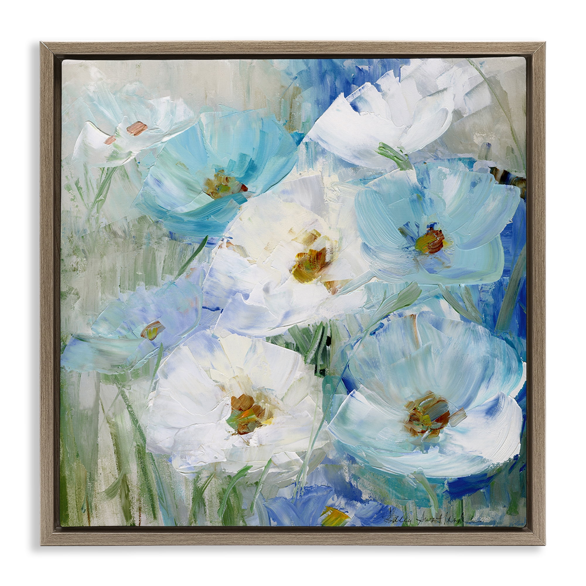 Stupell Industries Blue Spring Poppies Plants & Flowers Painting Brown Floater Framed Canvas Art Print Wall Art, 18 x 18