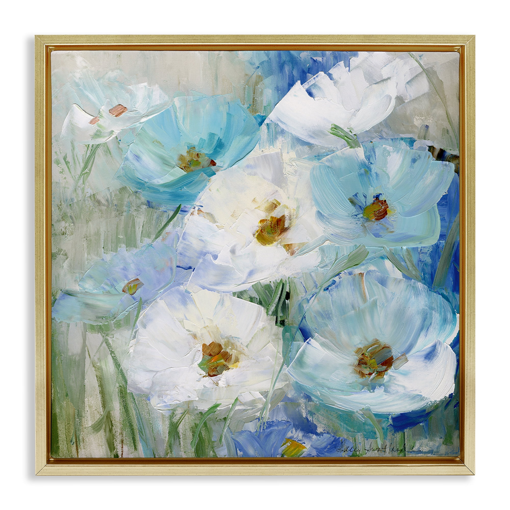 Stupell Industries Blue Spring Poppies Plants & Flowers Painting Gold Floater Framed Canvas Art Print Wall Art, 25 x 25